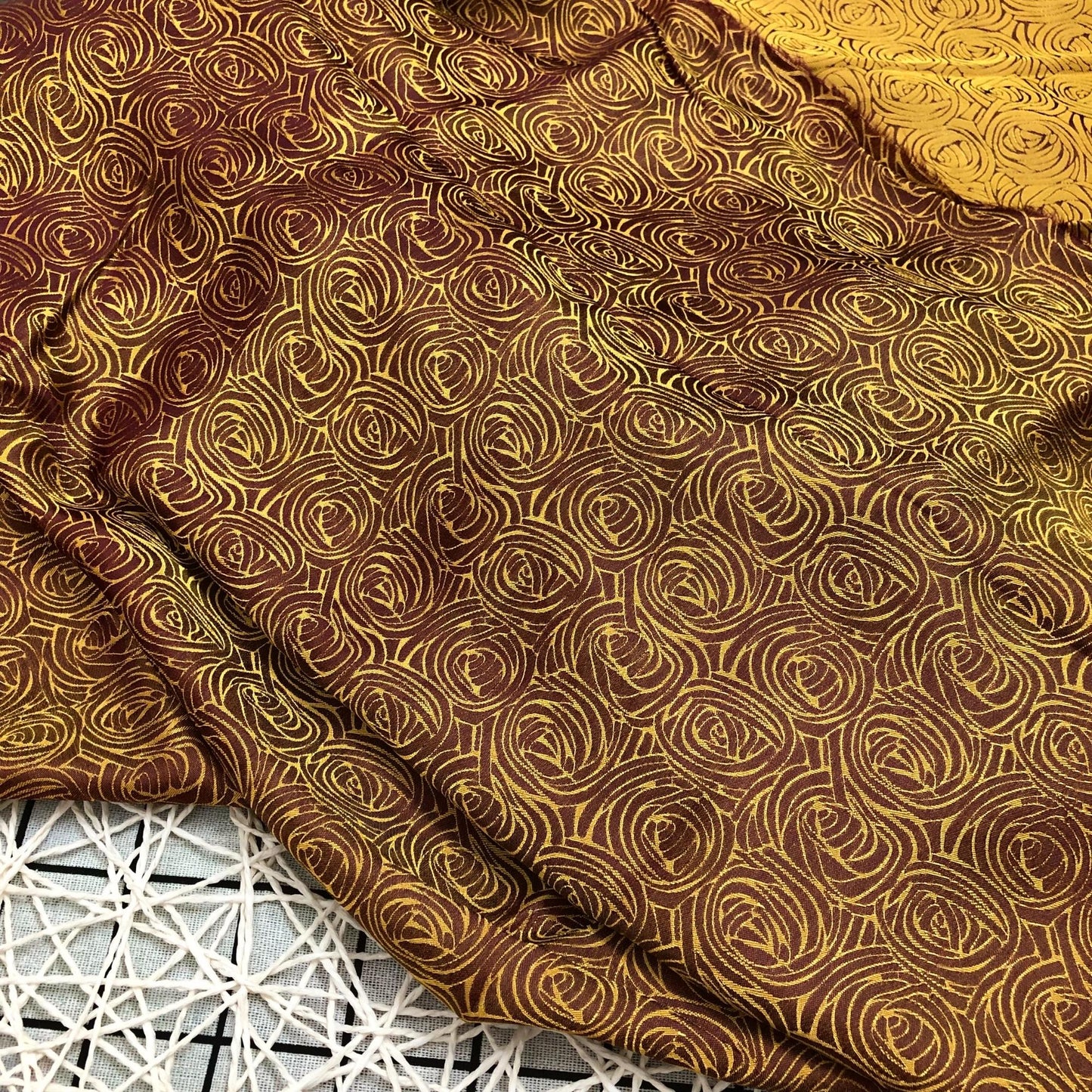 Brown Yellow silk fabric with mulberry cabbage pattern, Pure mulberry silk, Handmade fabric, Organic fiber