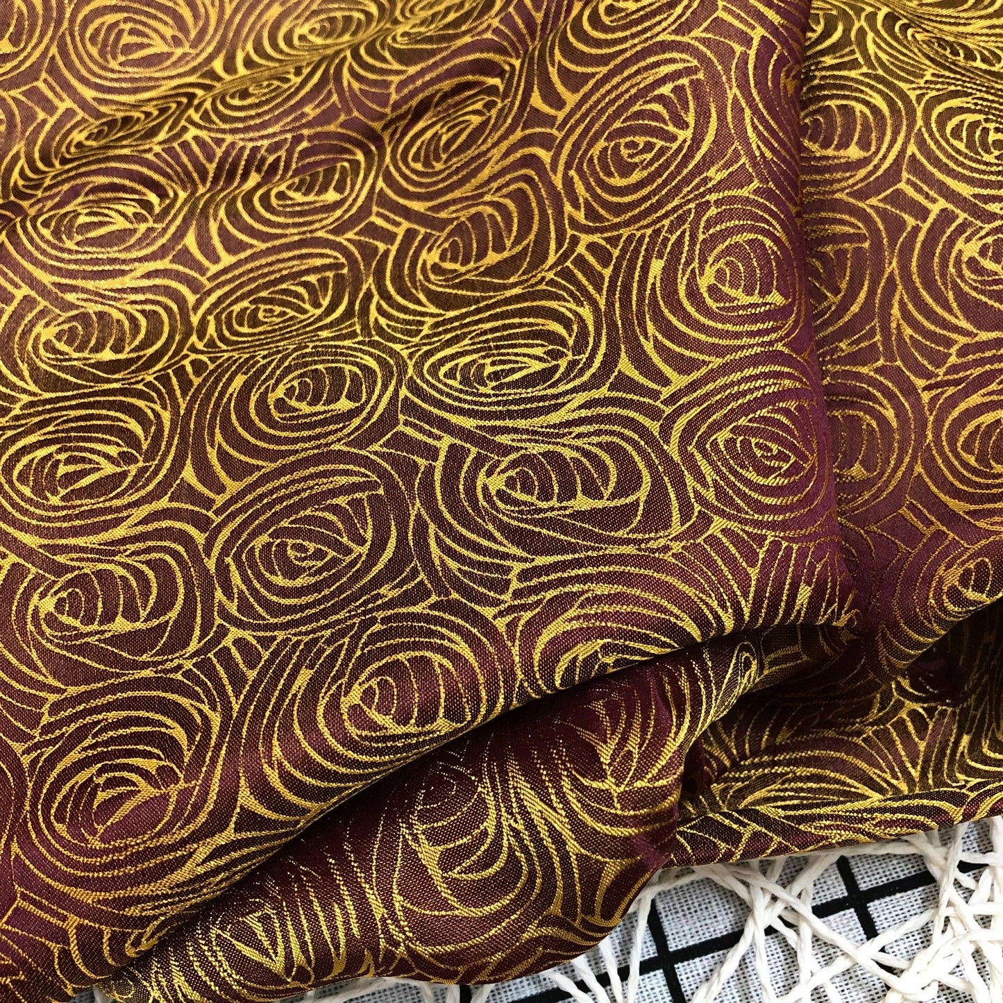 Brown Yellow silk fabric with mulberry cabbage pattern, Pure mulberry silk, Handmade fabric, Organic fiber
