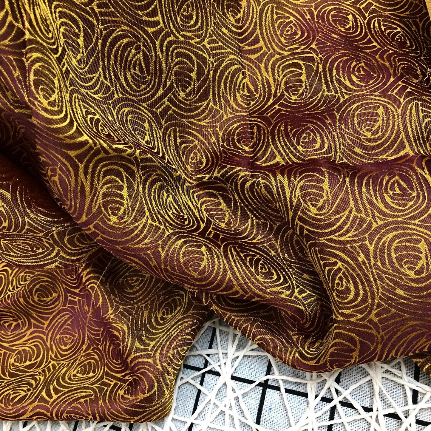 Brown Yellow silk fabric with mulberry cabbage pattern, Pure mulberry silk, Handmade fabric, Organic fiber