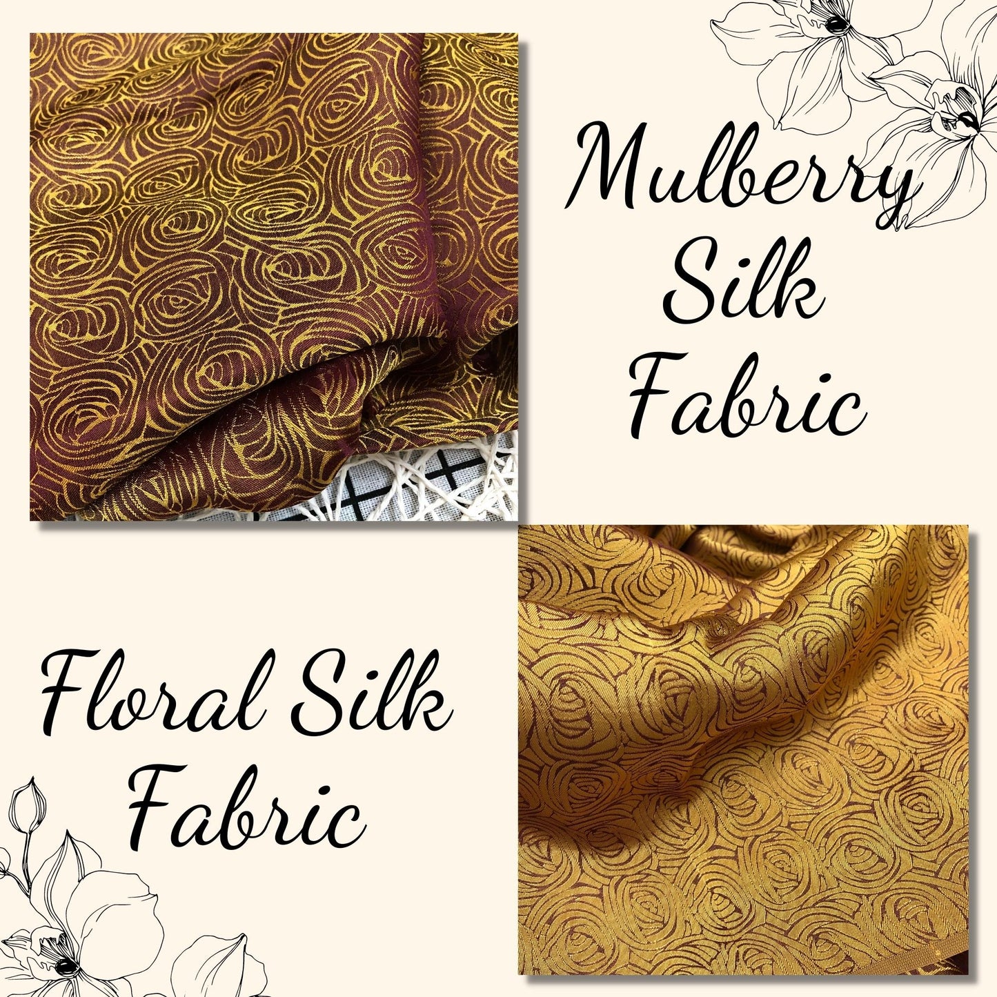 Brown Yellow silk fabric with mulberry cabbage pattern, Pure mulberry silk, Handmade fabric, Organic fiber