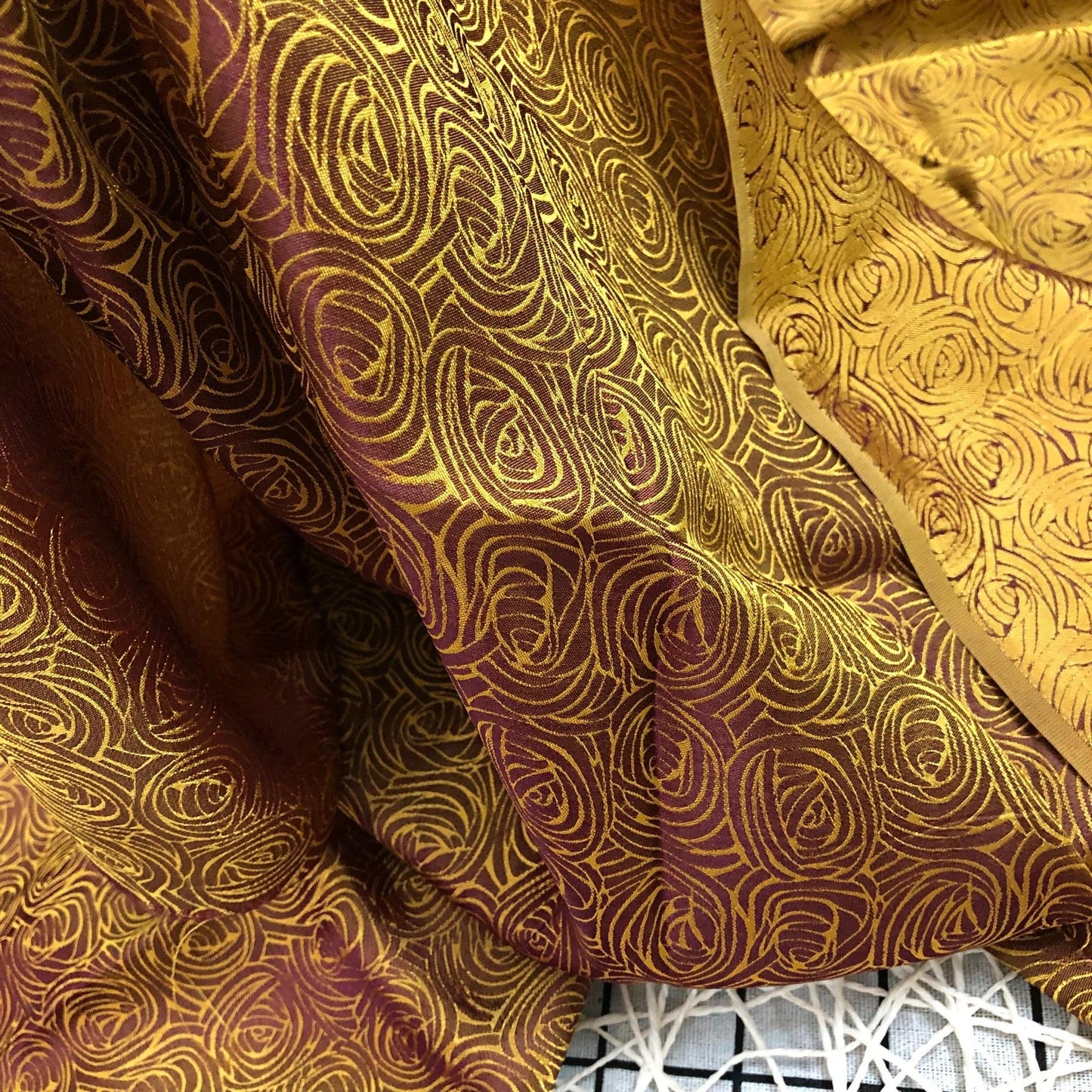 Brown Yellow silk fabric with mulberry cabbage pattern, Pure mulberry silk, Handmade fabric, Organic fiber