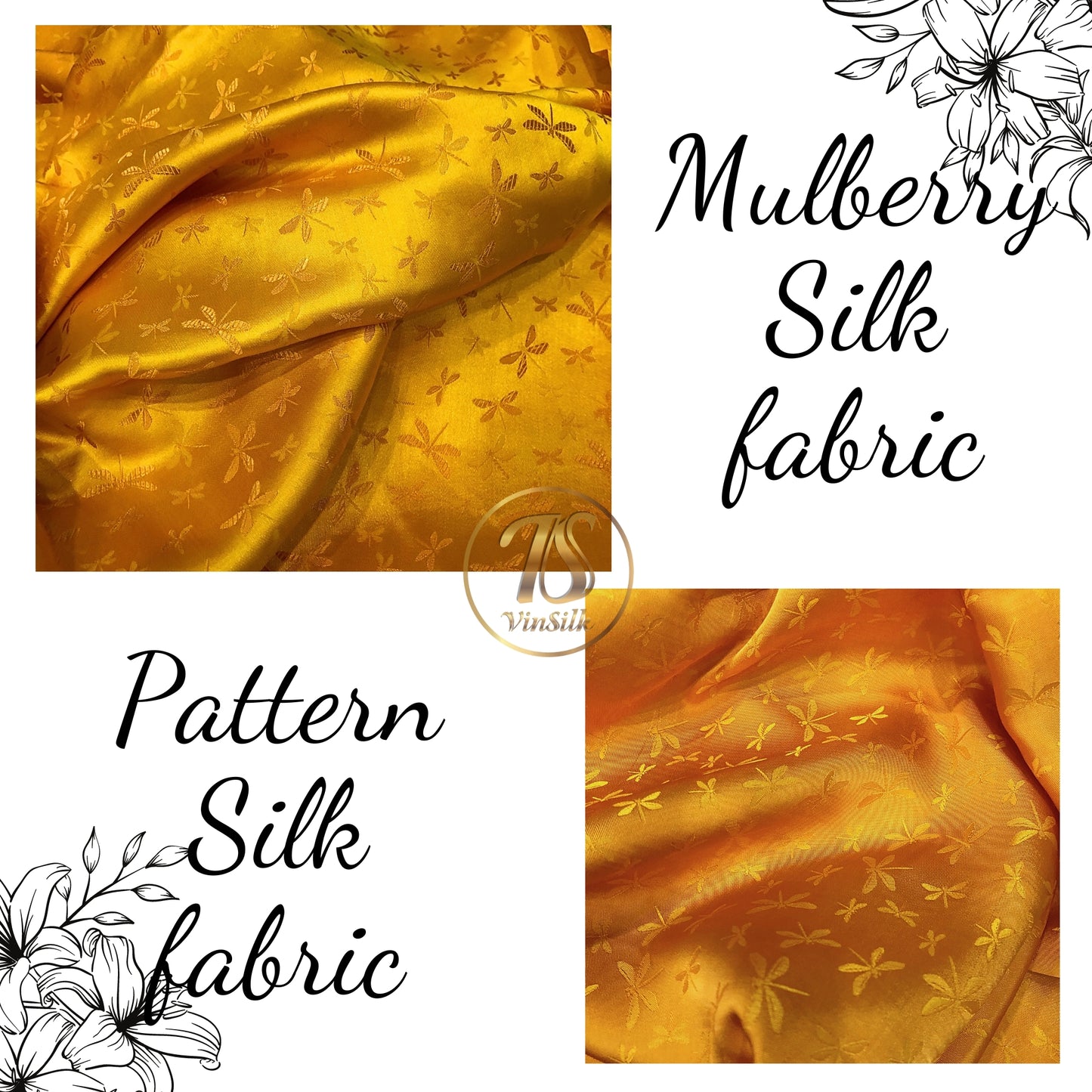 Gold Silk with Dragonfly Pattern Fabric