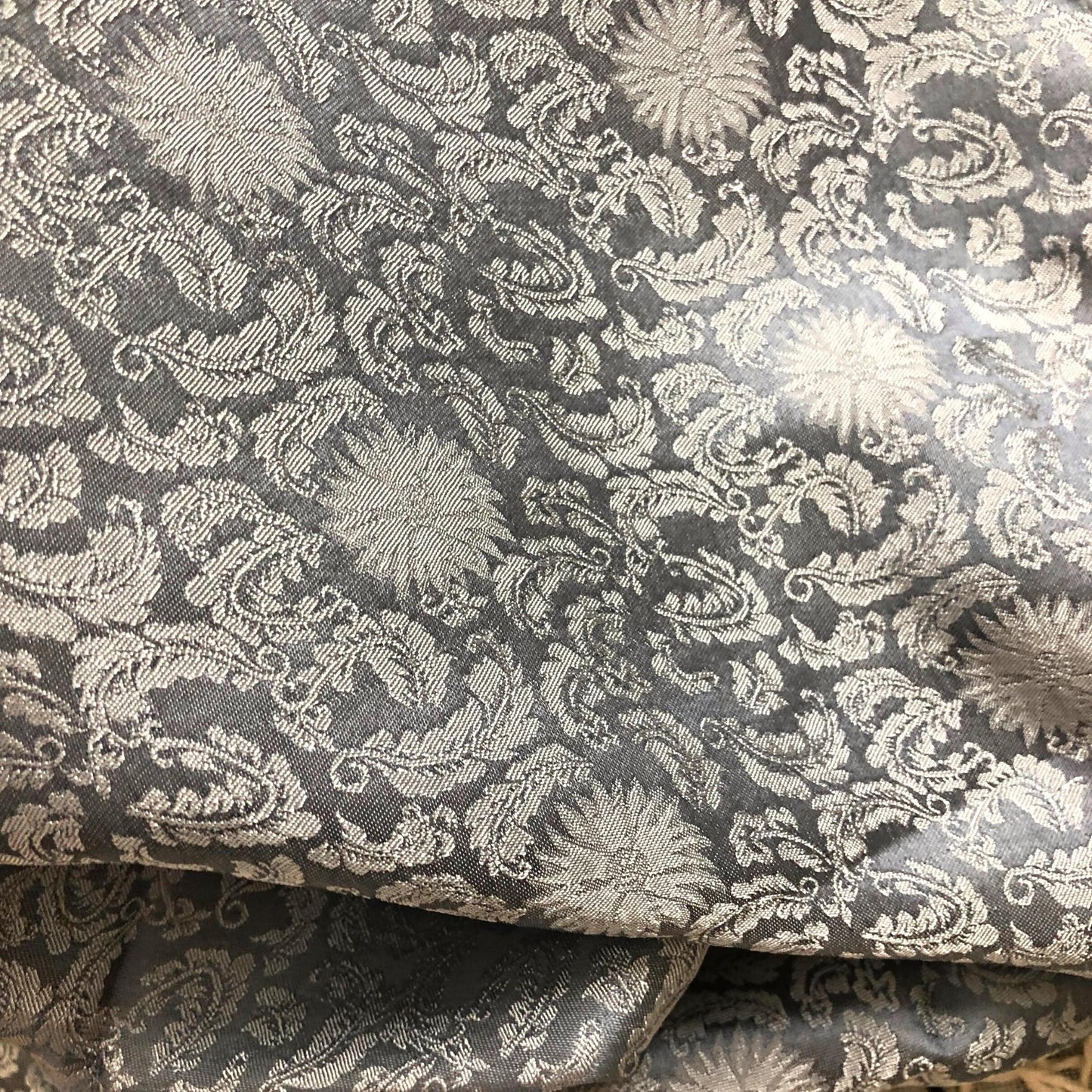 Gray silk fabric with mulberry white chrysanthemum pattern, Pure mulberry silk, Handmade fabric, Organic fiber, Vintage textile