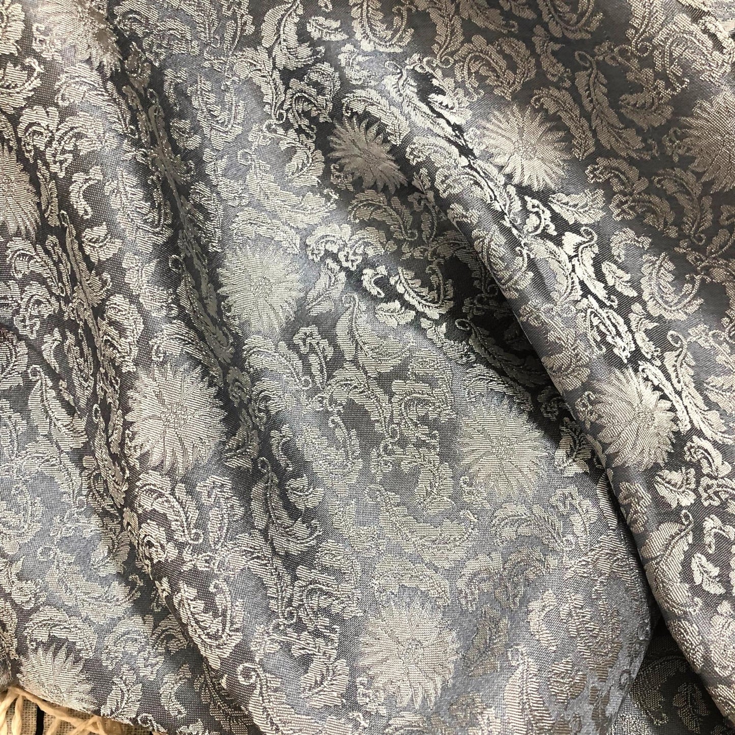 Gray silk fabric with mulberry white chrysanthemum pattern, Pure mulberry silk, Handmade fabric, Organic fiber, Vintage textile