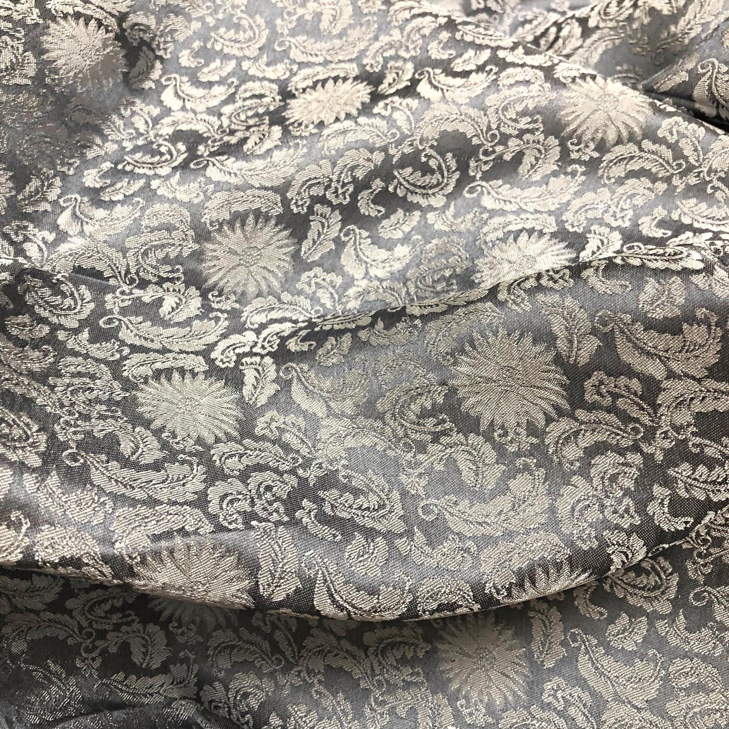 Gray silk fabric with mulberry white chrysanthemum pattern, Pure mulberry silk, Handmade fabric, Organic fiber, Vintage textile