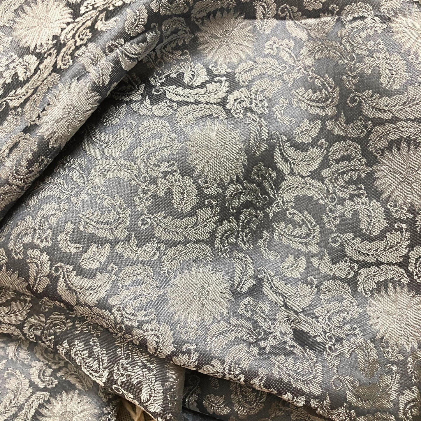 Gray silk fabric with mulberry white chrysanthemum pattern, Pure mulberry silk, Handmade fabric, Organic fiber, Vintage textile