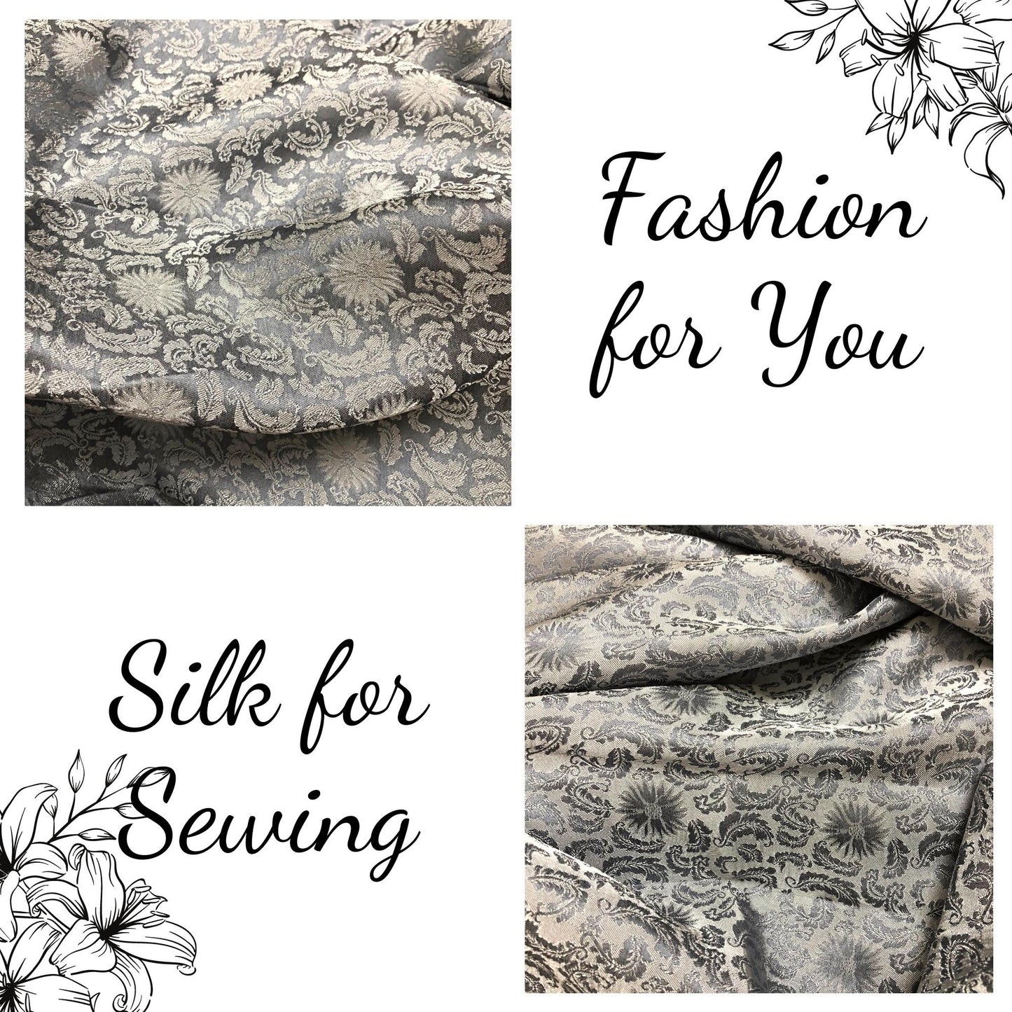 Gray silk fabric with mulberry white chrysanthemum pattern, Pure mulberry silk, Handmade fabric, Organic fiber, Vintage textile