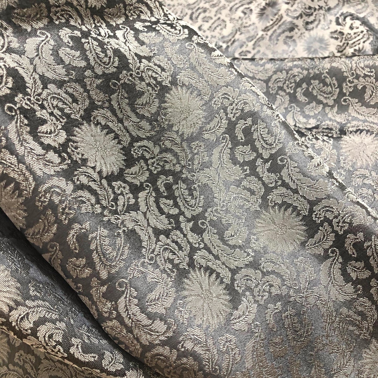Gray silk fabric with mulberry white chrysanthemum pattern, Pure mulberry silk, Handmade fabric, Organic fiber, Vintage textile