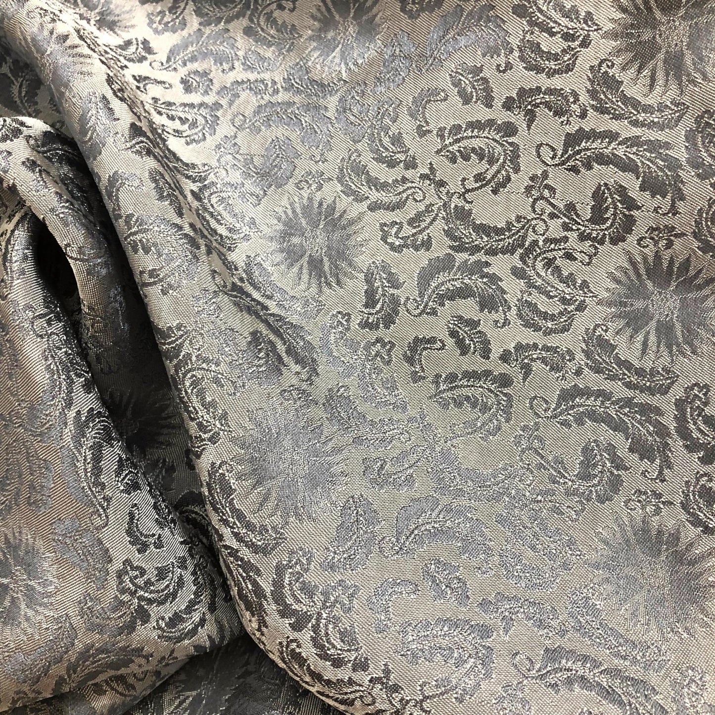 Gray silk fabric with mulberry white chrysanthemum pattern, Pure mulberry silk, Handmade fabric, Organic fiber, Vintage textile