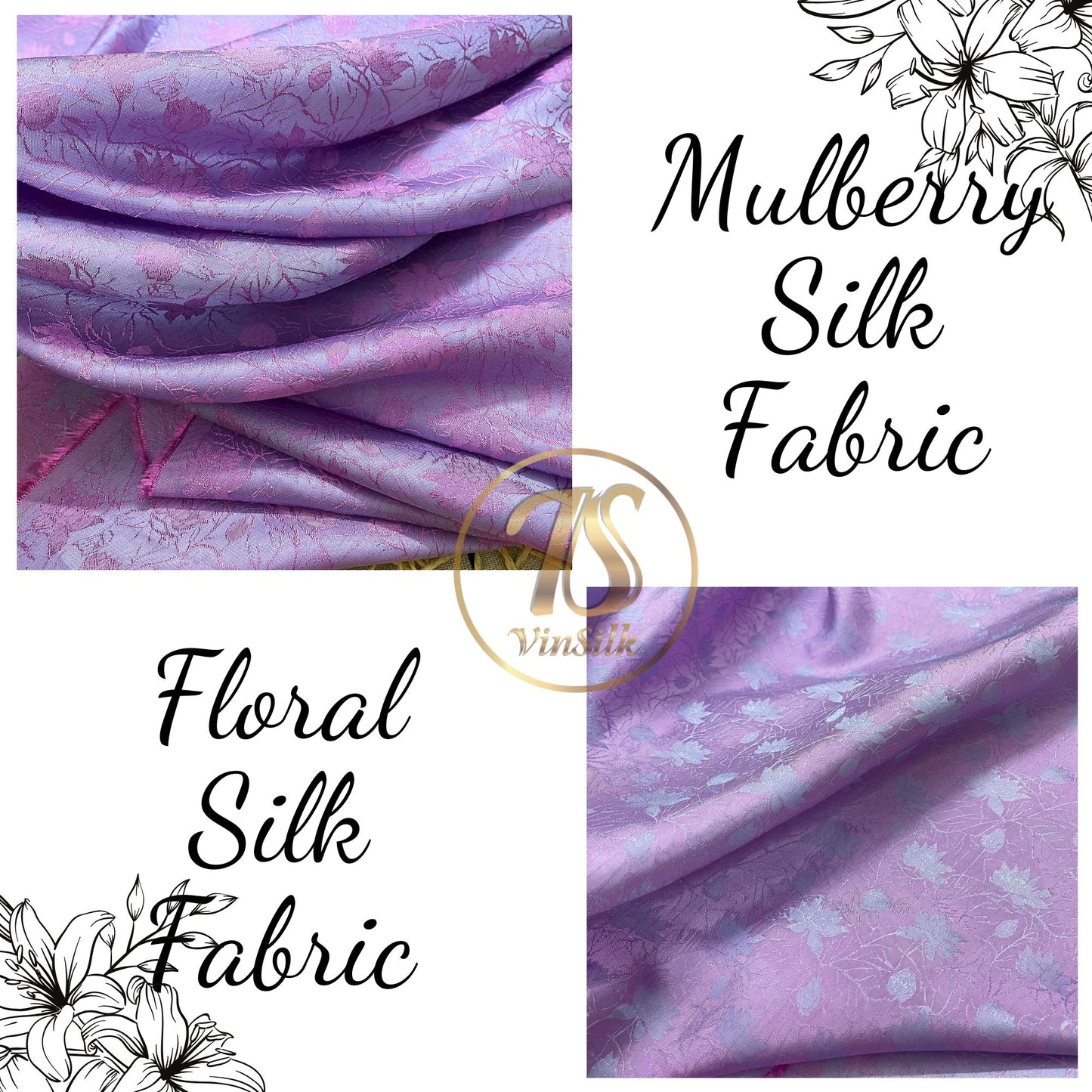 Gray & pink lotus silk pattern fabric, Pure mulberry silk, Handmade fabric, Organic fiber, Vintage textile, Dress making, Gift for women, Silk dress