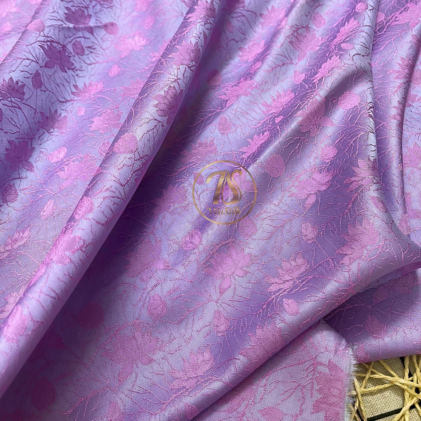 Gray & pink lotus silk pattern fabric, Pure mulberry silk, Handmade fabric, Organic fiber, Vintage textile, Dress making, Gift for women, Silk dress