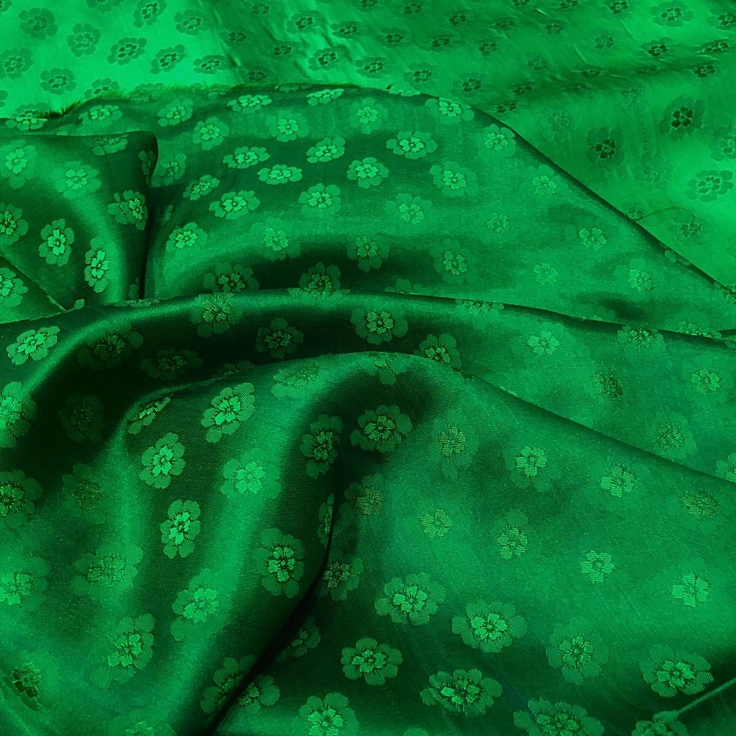 Green silk with peach pattern fabric, Pure mulberry silk, Handmade fabric, Organic fiber, Vintage textile