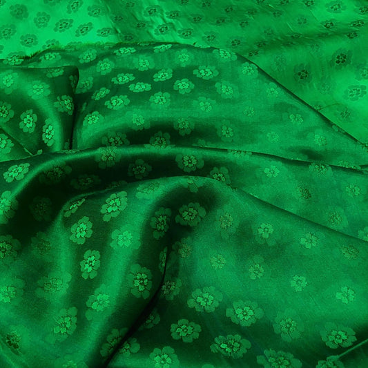Green silk with peach pattern fabric, Pure mulberry silk, Handmade fabric, Organic fiber, Vintage textile