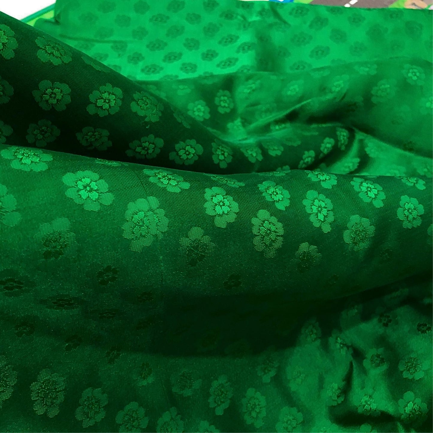 Green silk with peach pattern fabric, Pure mulberry silk, Handmade fabric, Organic fiber, Vintage textile