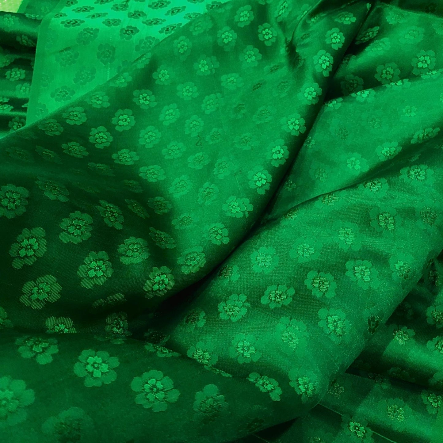 Green silk with peach pattern fabric, Pure mulberry silk, Handmade fabric, Organic fiber, Vintage textile