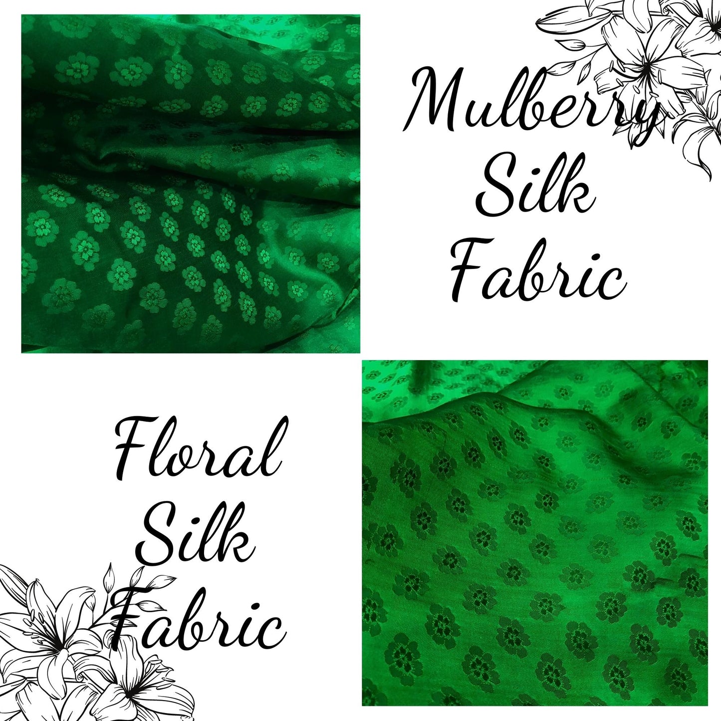 Green silk with peach pattern fabric, Pure mulberry silk, Handmade fabric, Organic fiber, Vintage textile
