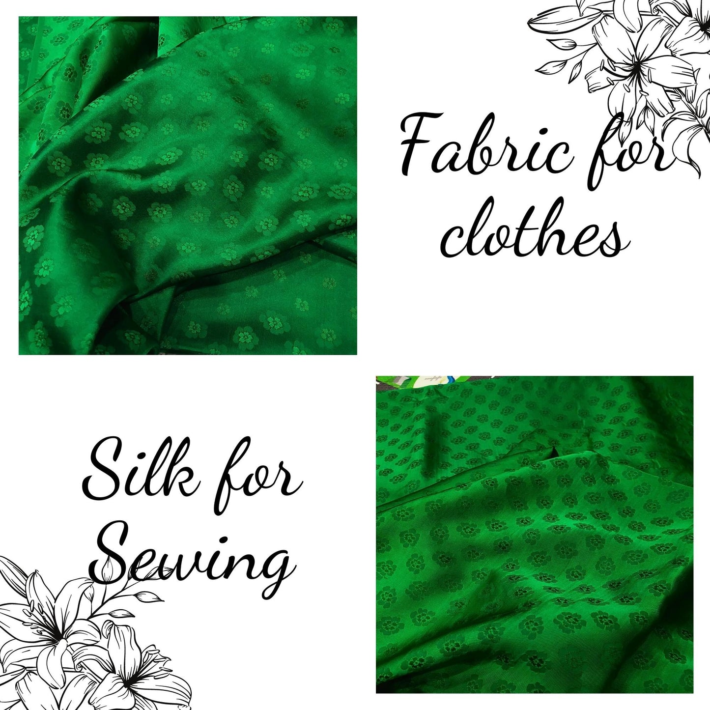 Green silk with peach pattern fabric, Pure mulberry silk, Handmade fabric, Organic fiber, Vintage textile
