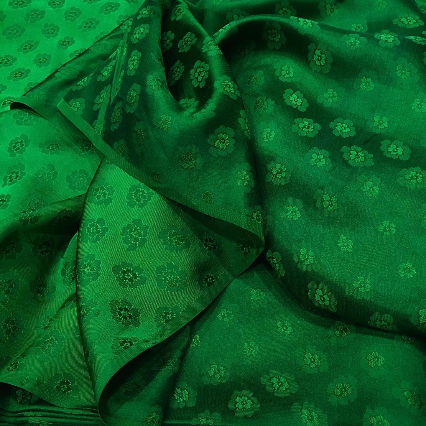 Green silk with peach pattern fabric, Pure mulberry silk, Handmade fabric, Organic fiber, Vintage textile