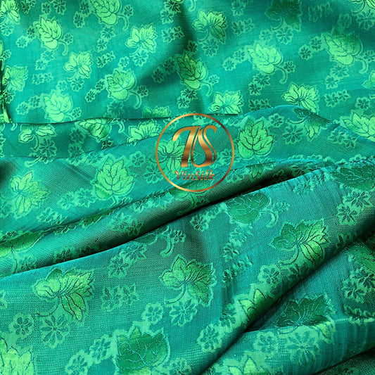 A Green silk fabric with mulberry leaf pattern, Pure mulberry silk, Handmade fabric, Organic fiber, Vintage textile
