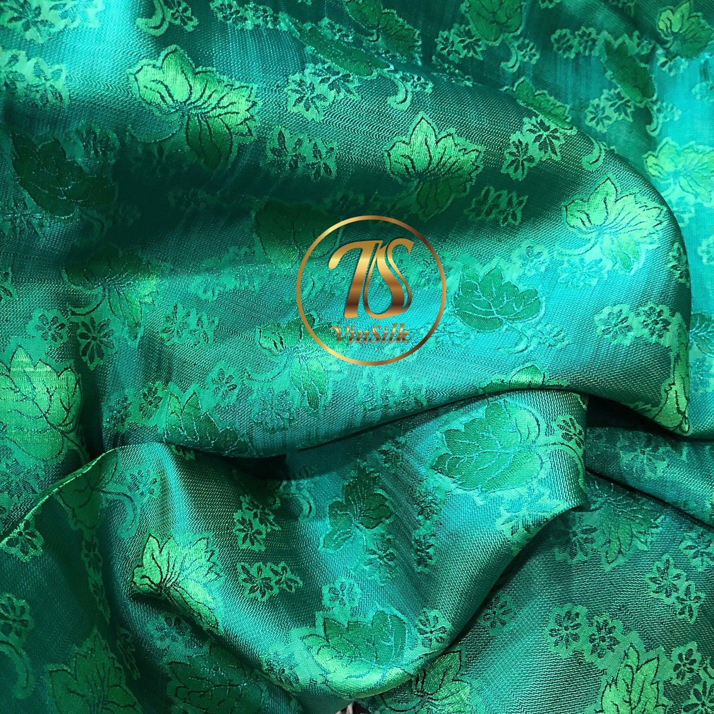 A Green silk fabric with mulberry leaf pattern, Pure mulberry silk, Handmade fabric, Organic fiber, Vintage textile