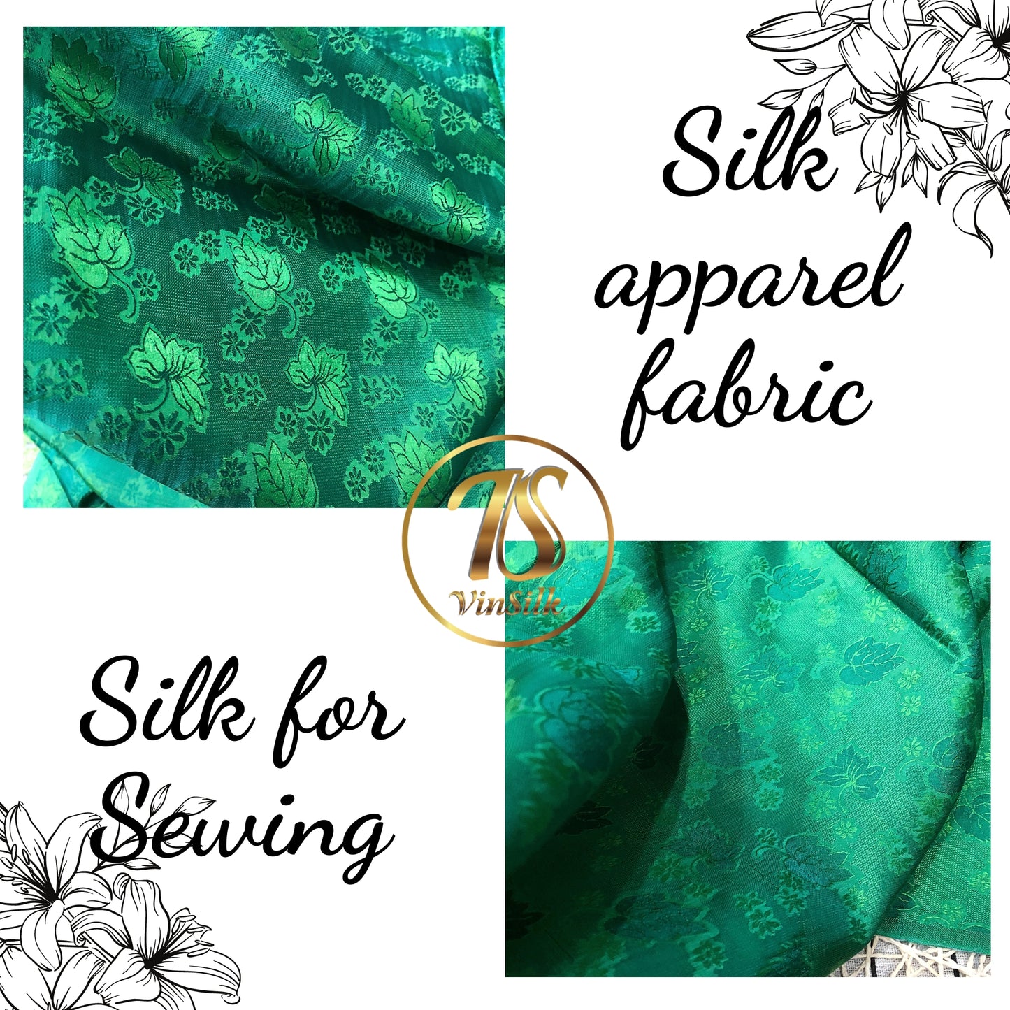 A Green silk fabric with mulberry leaf pattern, Pure mulberry silk, Handmade fabric, Organic fiber, Vintage textile