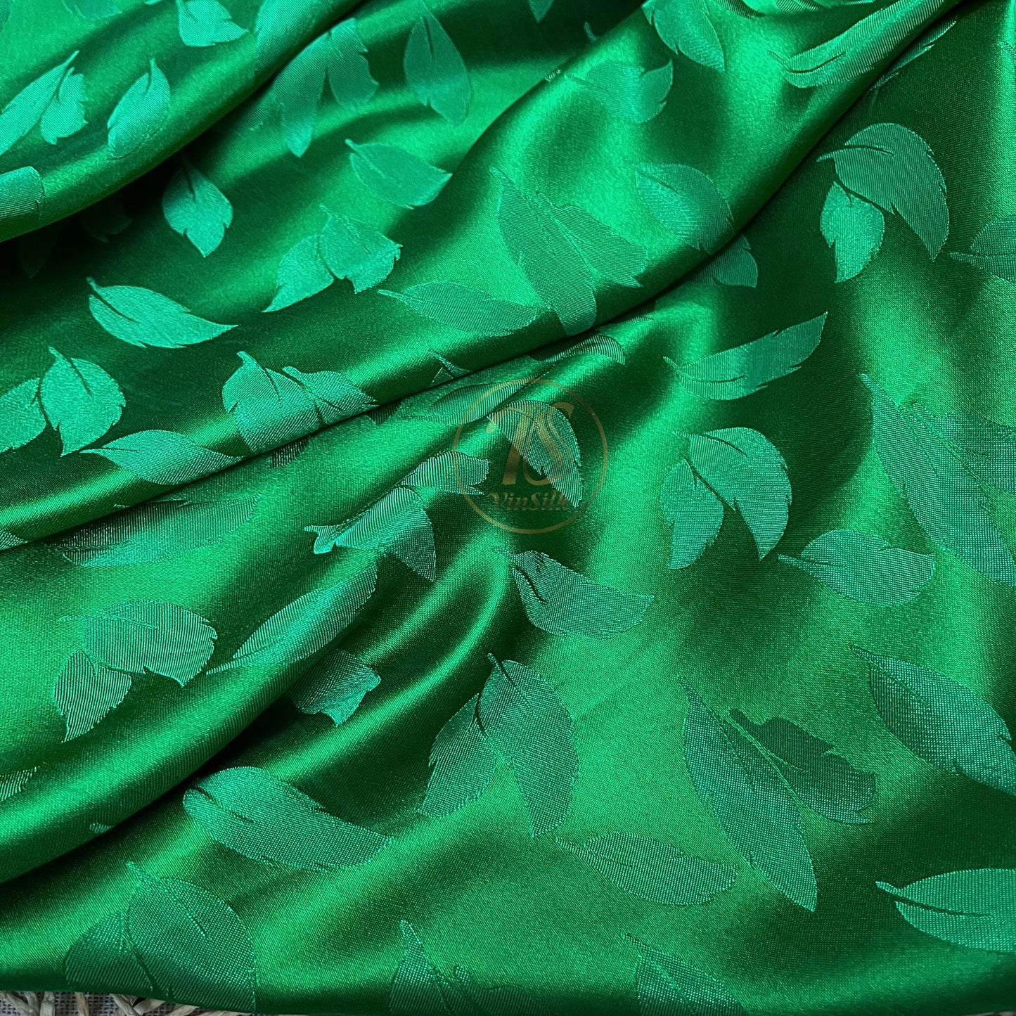 green silk fabric with mulberry leaves pattern, Pure mulberry silk, Handmade fabric, Organic fiber, Vintage textile