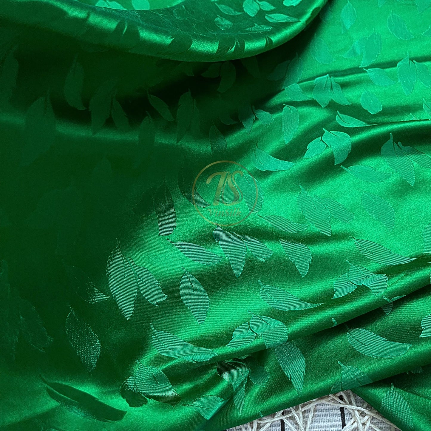 green silk fabric with mulberry leaves pattern, Pure mulberry silk, Handmade fabric, Organic fiber, Vintage textile