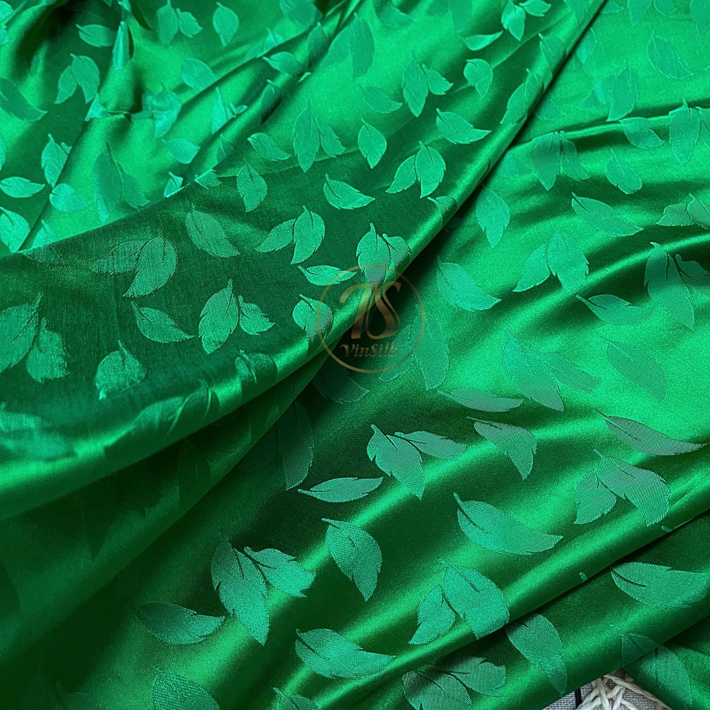 green silk fabric with mulberry leaves pattern, Pure mulberry silk, Handmade fabric, Organic fiber, Vintage textile