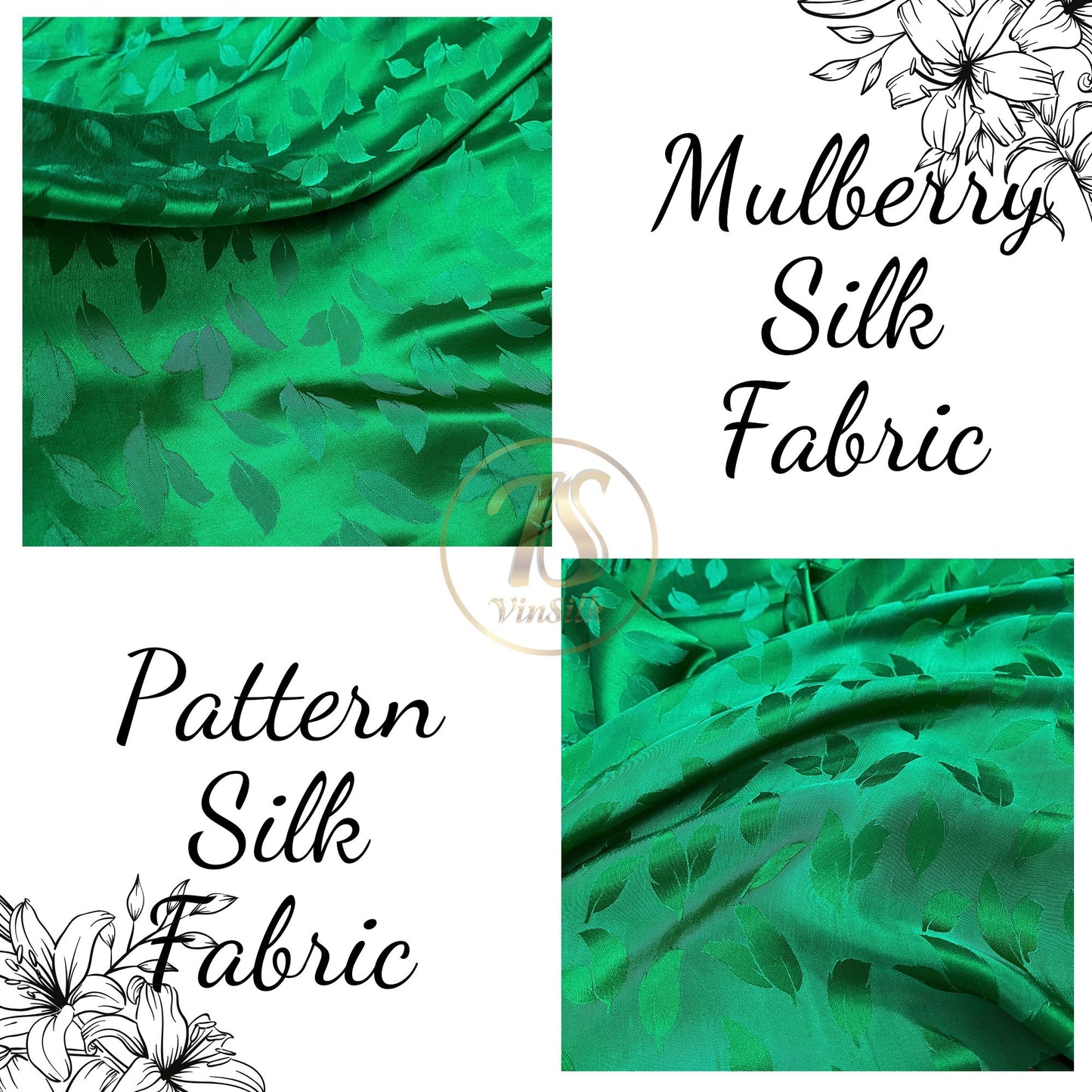 green silk fabric with mulberry leaves pattern, Pure mulberry silk, Handmade fabric, Organic fiber, Vintage textile