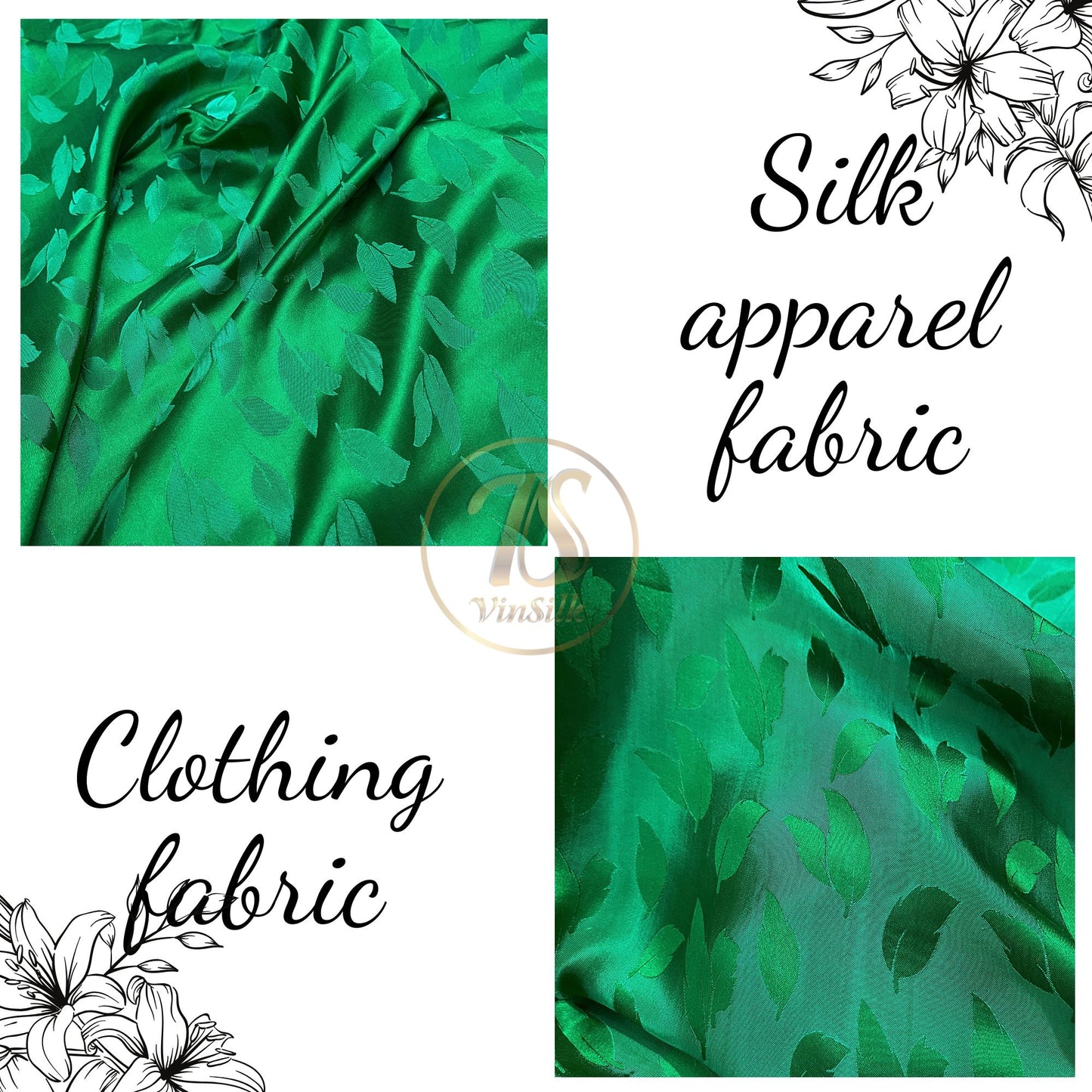 green silk fabric with mulberry leaves pattern, Pure mulberry silk, Handmade fabric, Organic fiber, Vintage textile