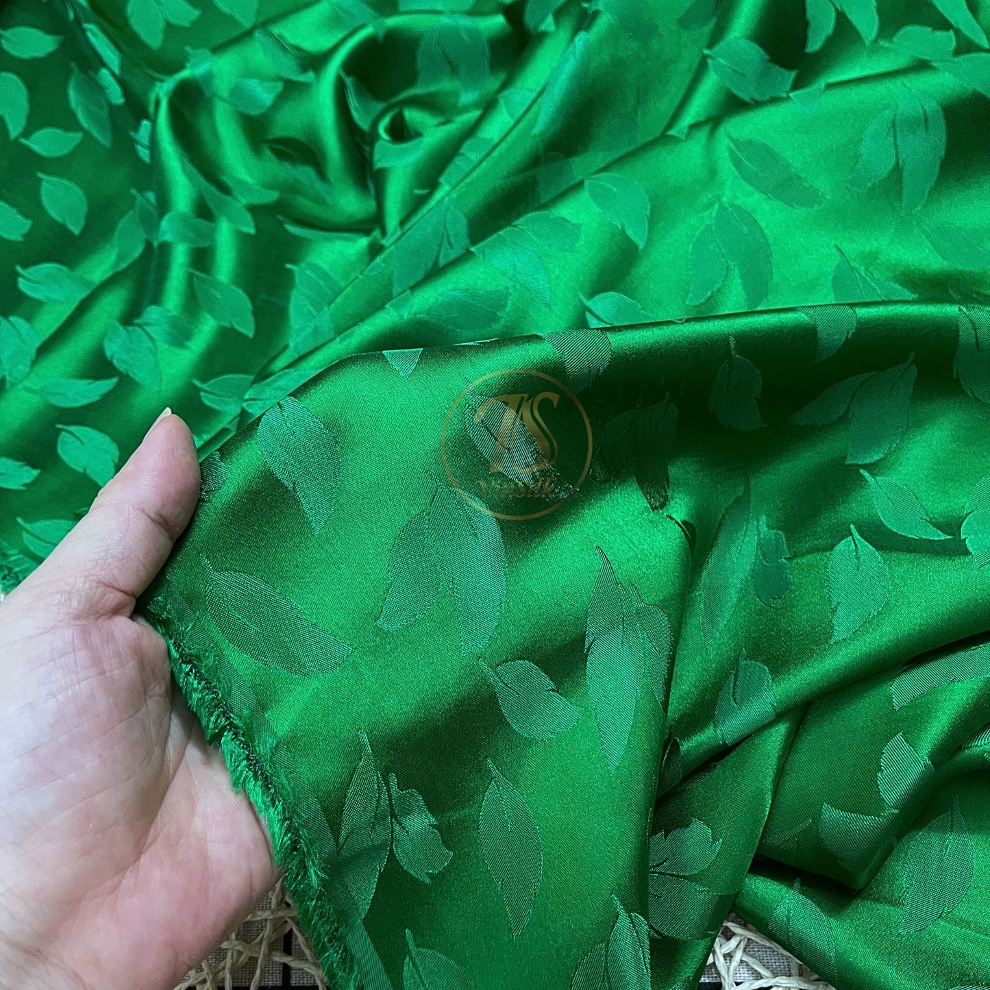 green silk fabric with mulberry leaves pattern, Pure mulberry silk, Handmade fabric, Organic fiber, Vintage textile