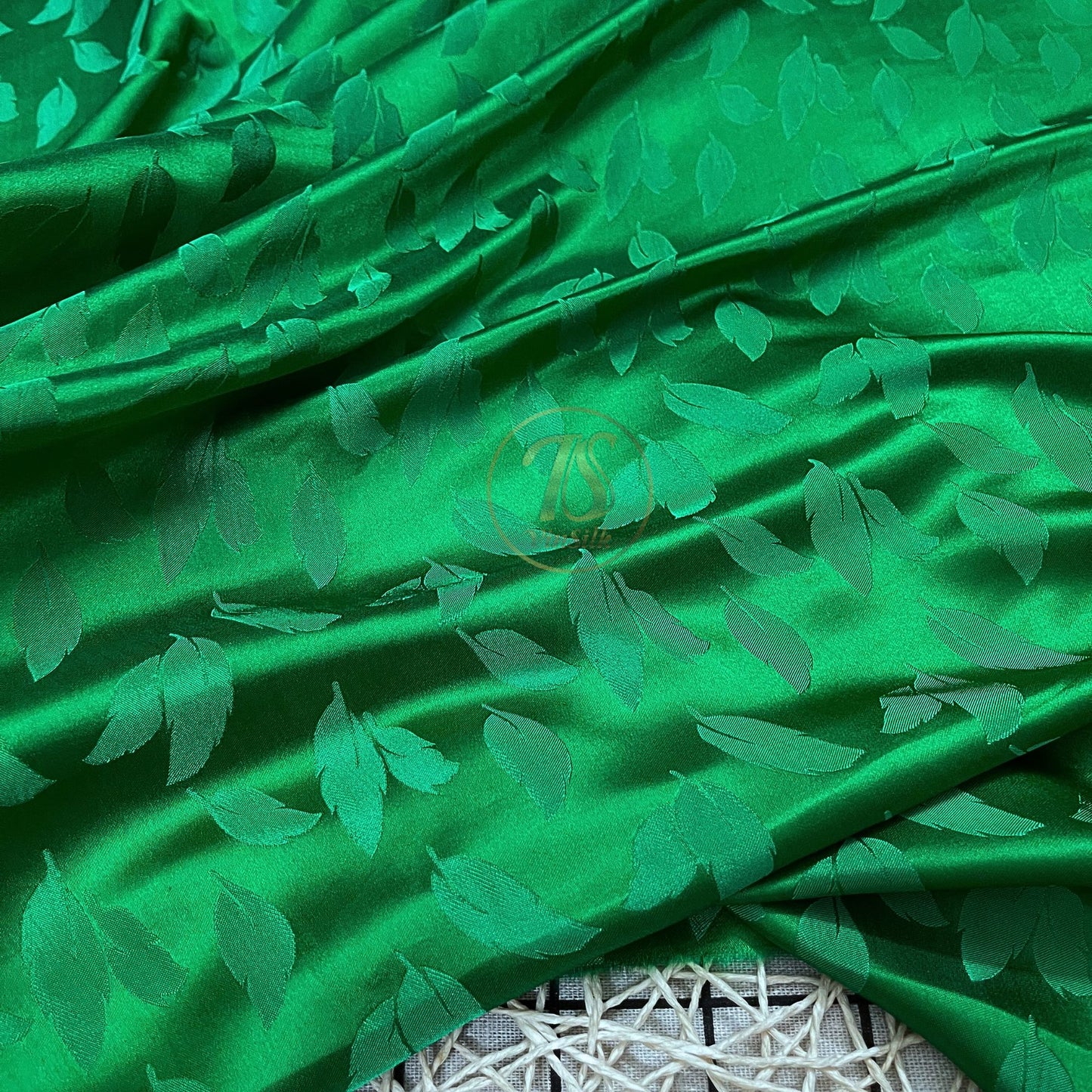 green silk fabric with mulberry leaves pattern, Pure mulberry silk, Handmade fabric, Organic fiber, Vintage textile