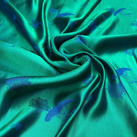 Green silk with floral pattern fabric, Pure mulberry silk, Handmade fabric, Organic fiber, Vintage textile, Dress making, Gift for women