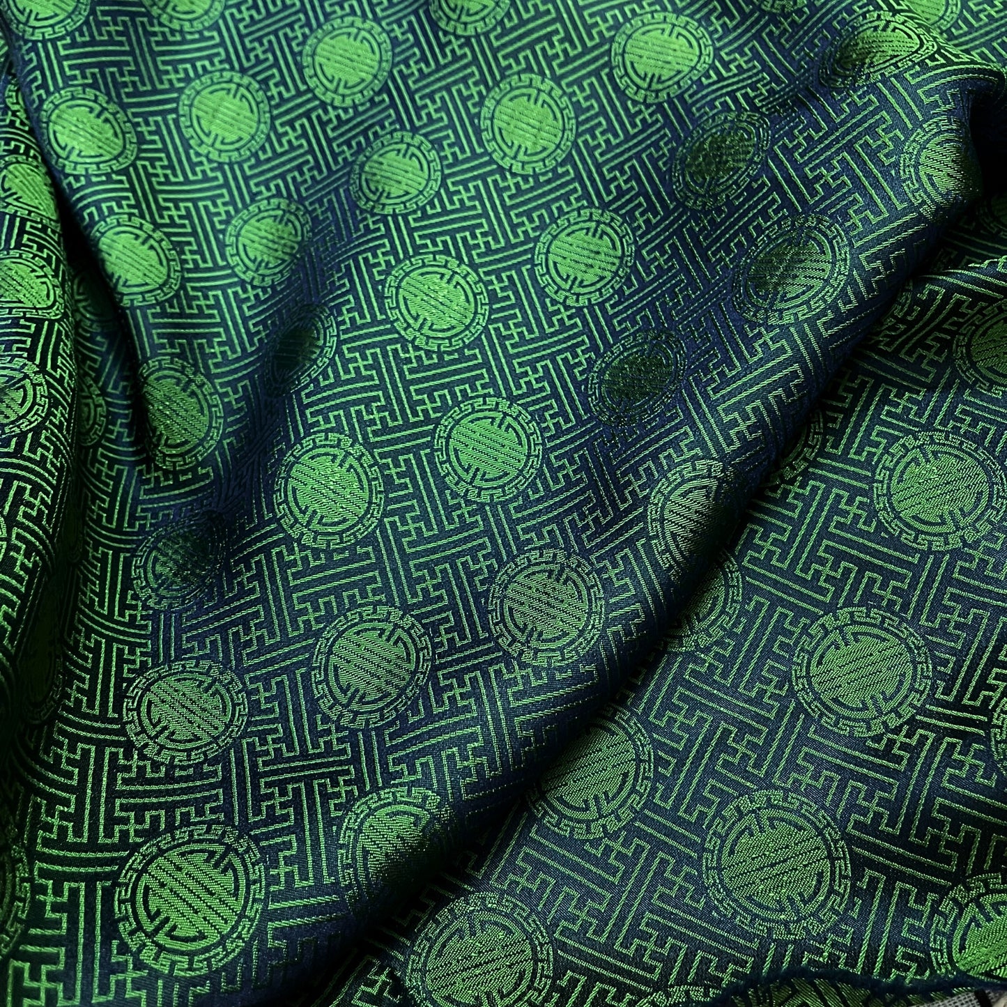 Dark Green silk with chiness seal pattern, Floral silk fabric, Pure mulberry silk, Handmade fabric, Organic fiber