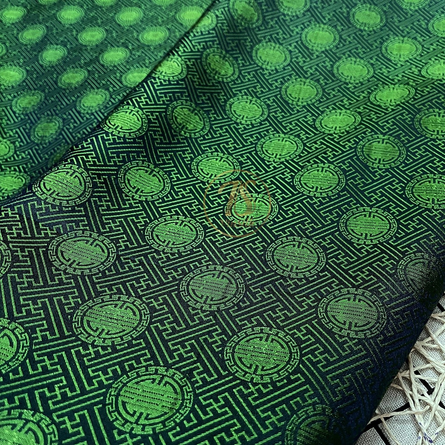 Dark Green silk with chiness seal pattern, Floral silk fabric, Pure mulberry silk, Handmade fabric, Organic fiber