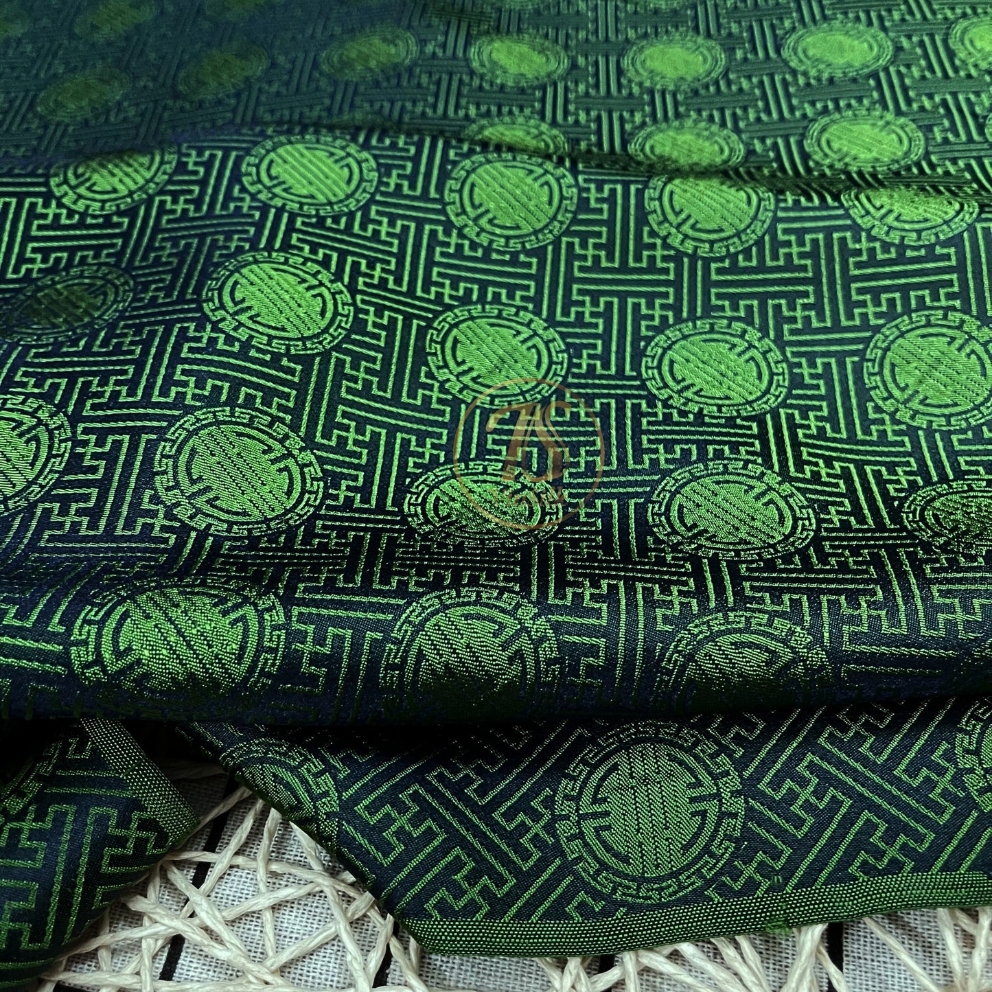 Dark Green silk with chiness seal pattern, Floral silk fabric, Pure mulberry silk, Handmade fabric, Organic fiber