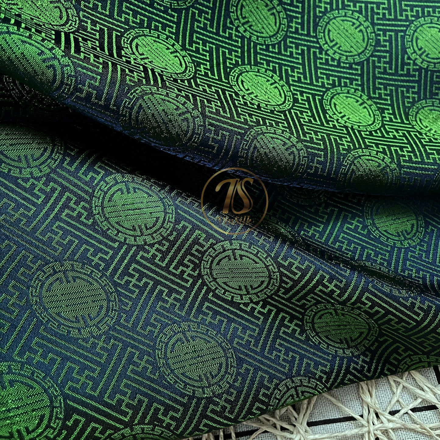 Dark Green silk with chiness seal pattern, Floral silk fabric, Pure mulberry silk, Handmade fabric, Organic fiber