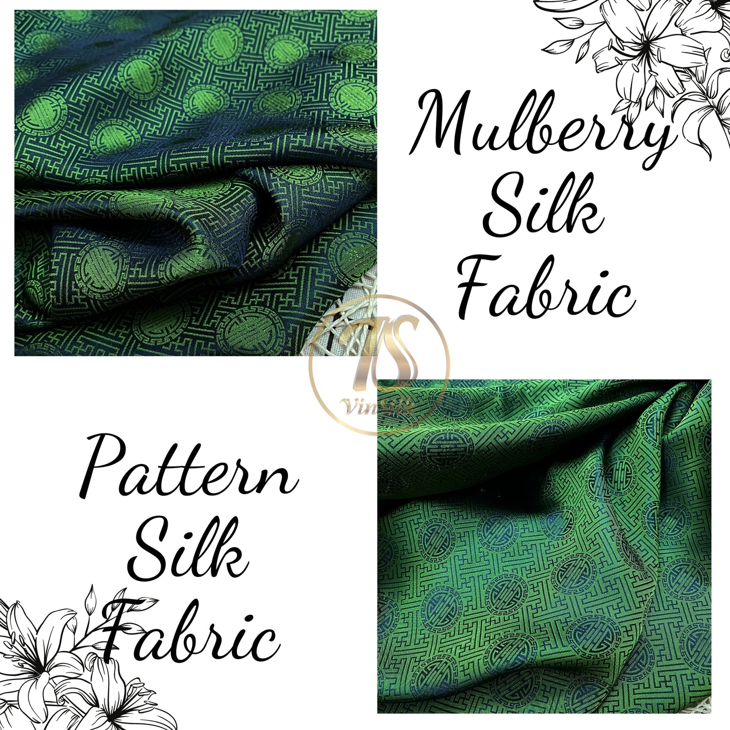 Dark Green silk with chiness seal pattern, Floral silk fabric, Pure mulberry silk, Handmade fabric, Organic fiber