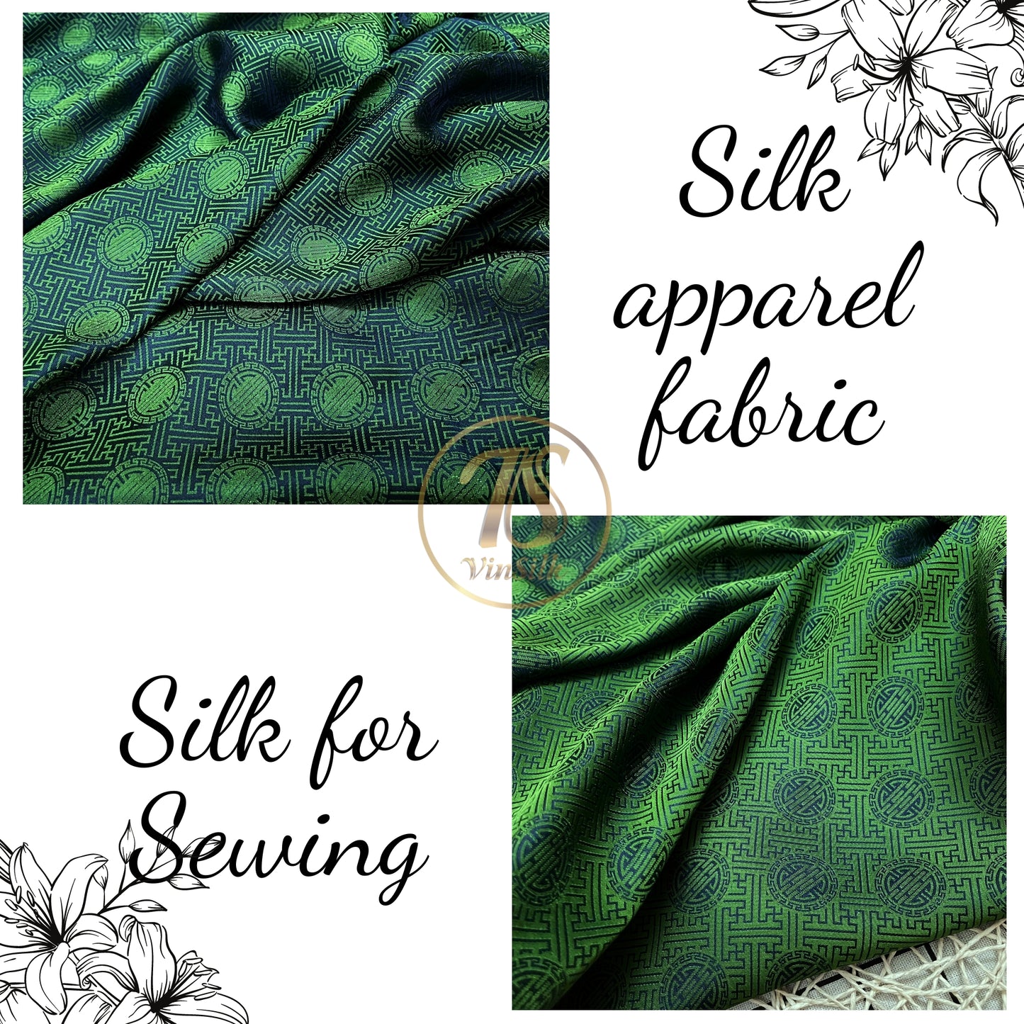 Dark Green silk with chiness seal pattern, Floral silk fabric, Pure mulberry silk, Handmade fabric, Organic fiber