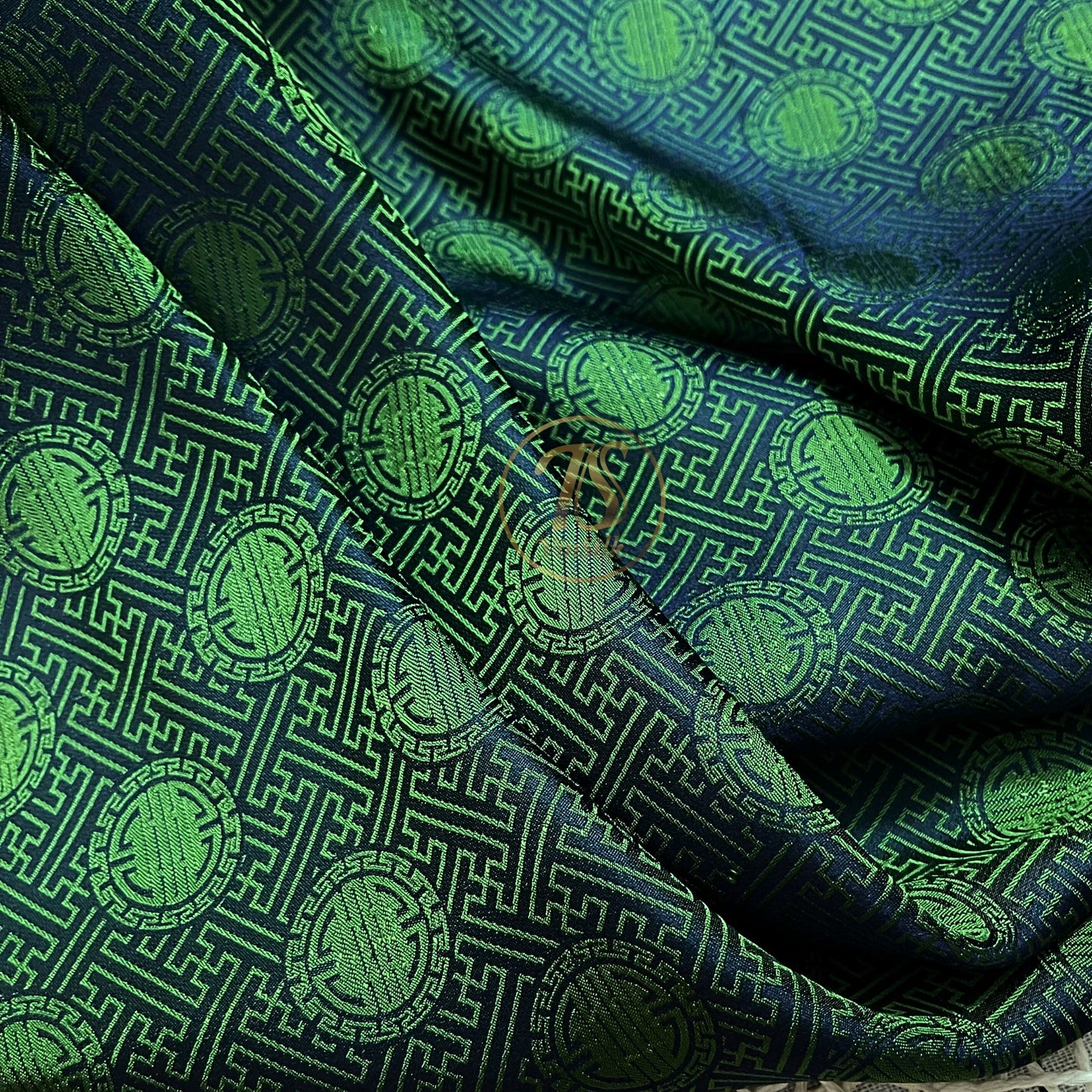 Dark Green silk with chiness seal pattern, Floral silk fabric, Pure mulberry silk, Handmade fabric, Organic fiber