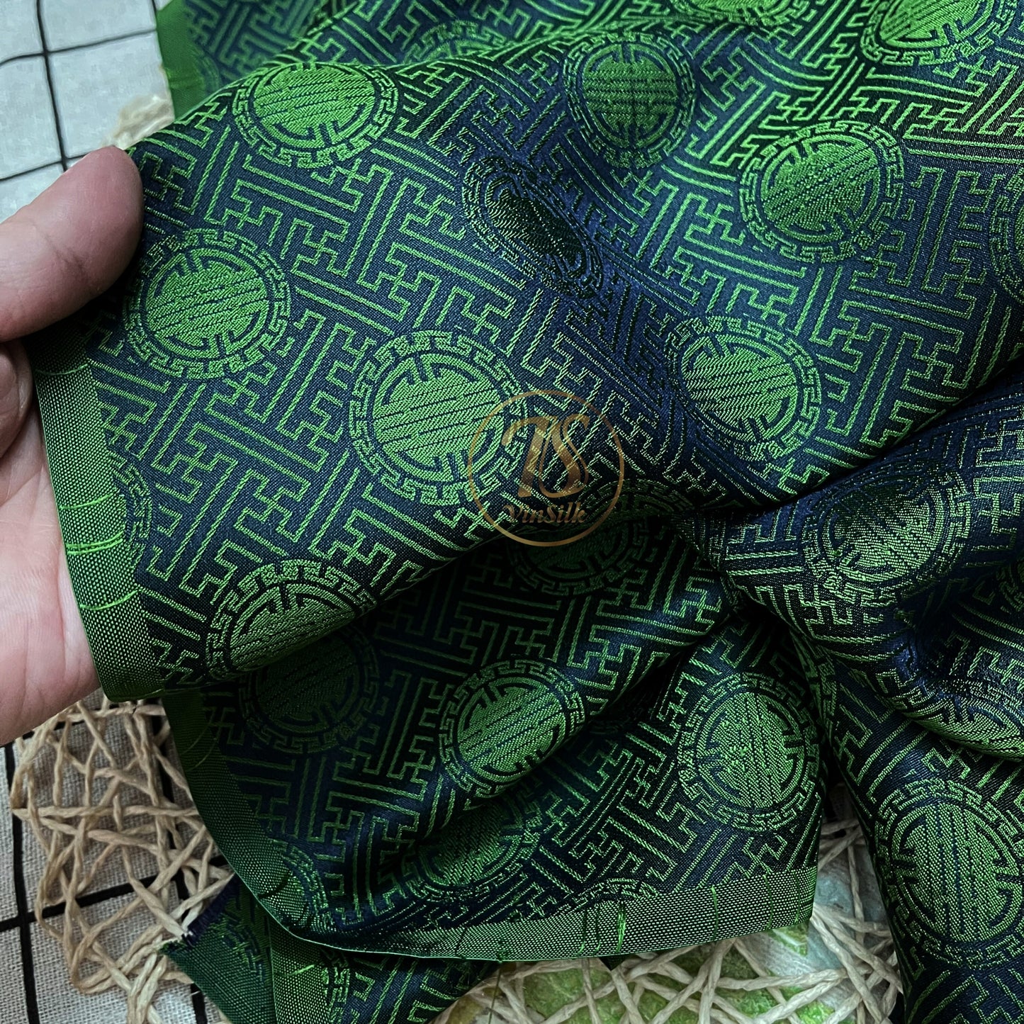 Dark Green silk with chiness seal pattern, Floral silk fabric, Pure mulberry silk, Handmade fabric, Organic fiber