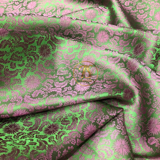 Green Pink silk fabric with mulberry chrysanthemum pattern, Pure mulberry silk, Handmade fabric, Organic fiber, Vintage textile