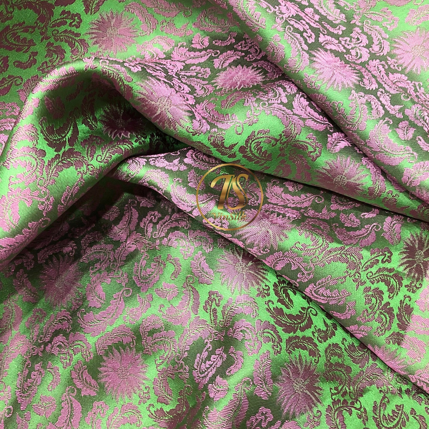 Green Pink silk fabric with mulberry chrysanthemum pattern, Pure mulberry silk, Handmade fabric, Organic fiber, Vintage textile