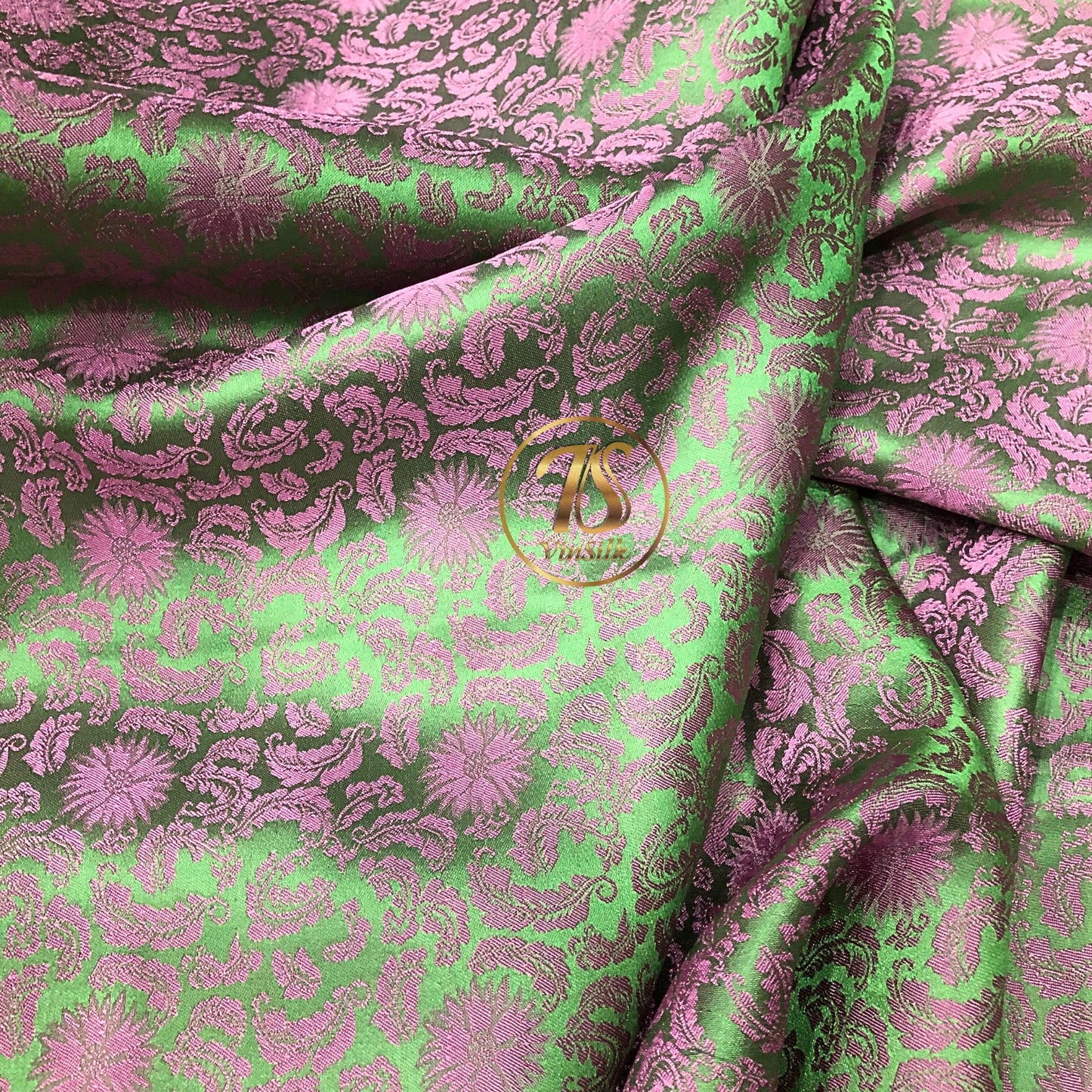Green Pink silk fabric with mulberry chrysanthemum pattern, Pure mulberry silk, Handmade fabric, Organic fiber, Vintage textile