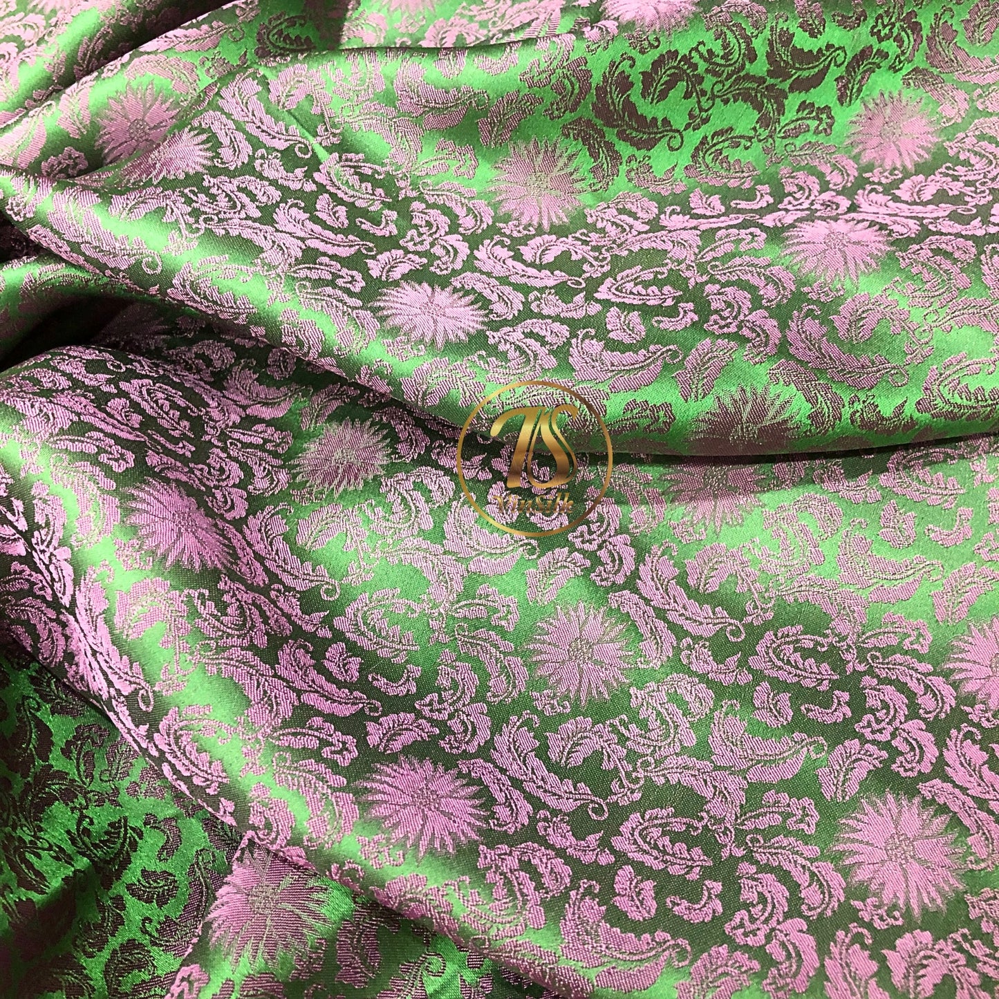 Green Pink silk fabric with mulberry chrysanthemum pattern, Pure mulberry silk, Handmade fabric, Organic fiber, Vintage textile
