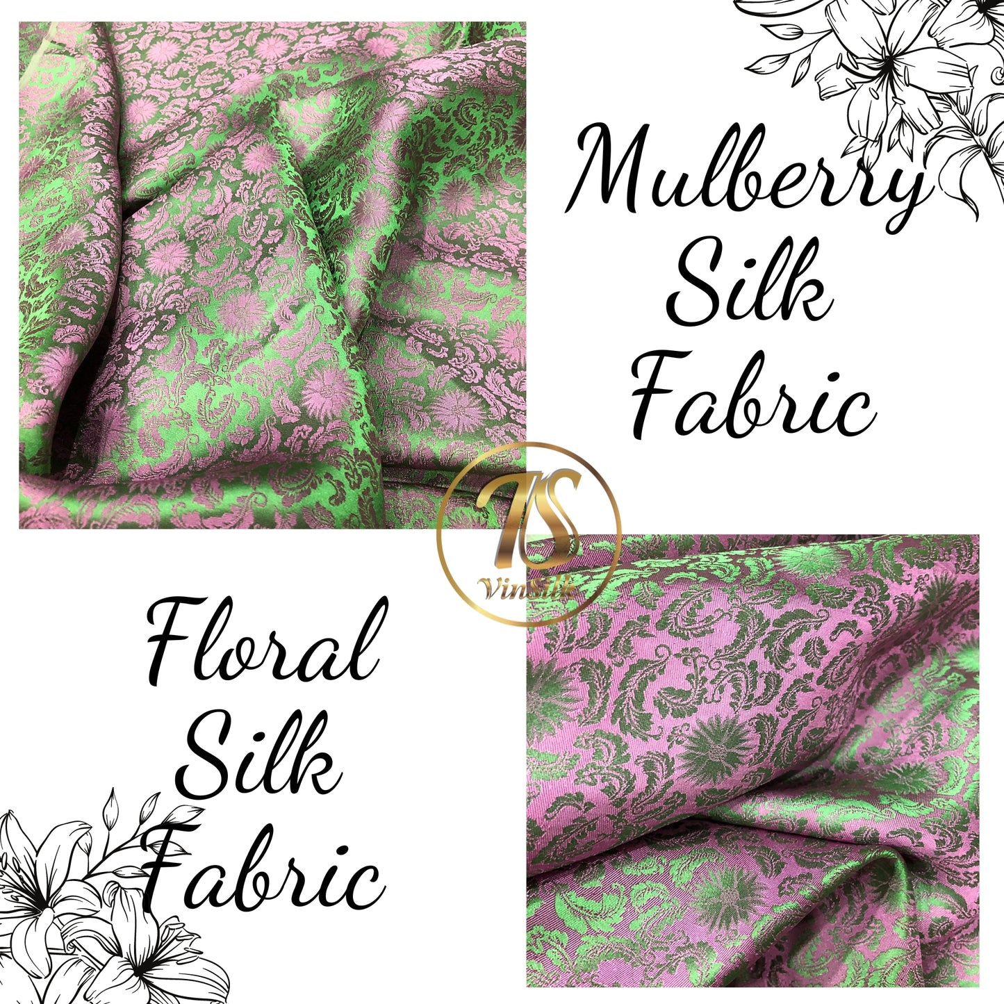 Green Pink silk fabric with mulberry chrysanthemum pattern, Pure mulberry silk, Handmade fabric, Organic fiber, Vintage textile