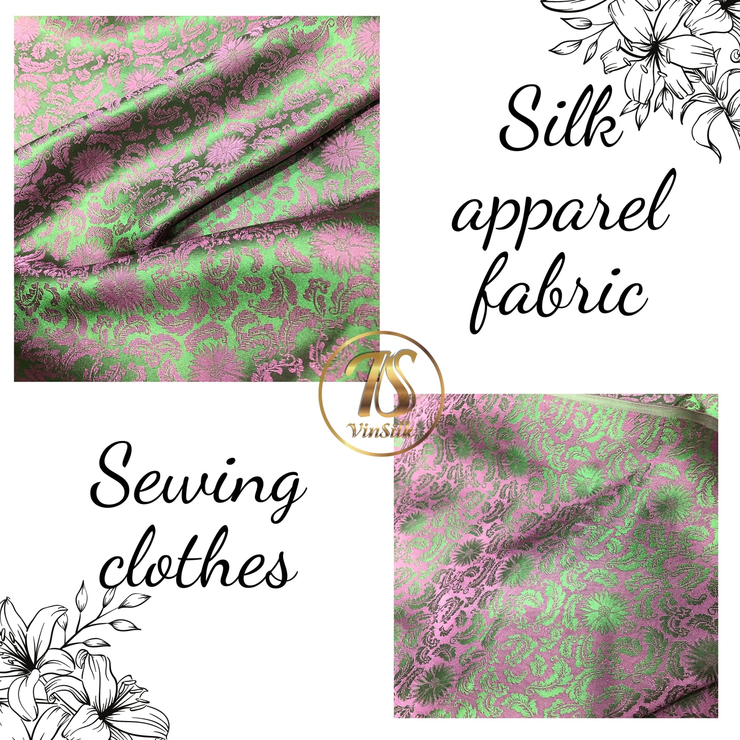 Green Pink silk fabric with mulberry chrysanthemum pattern, Pure mulberry silk, Handmade fabric, Organic fiber, Vintage textile
