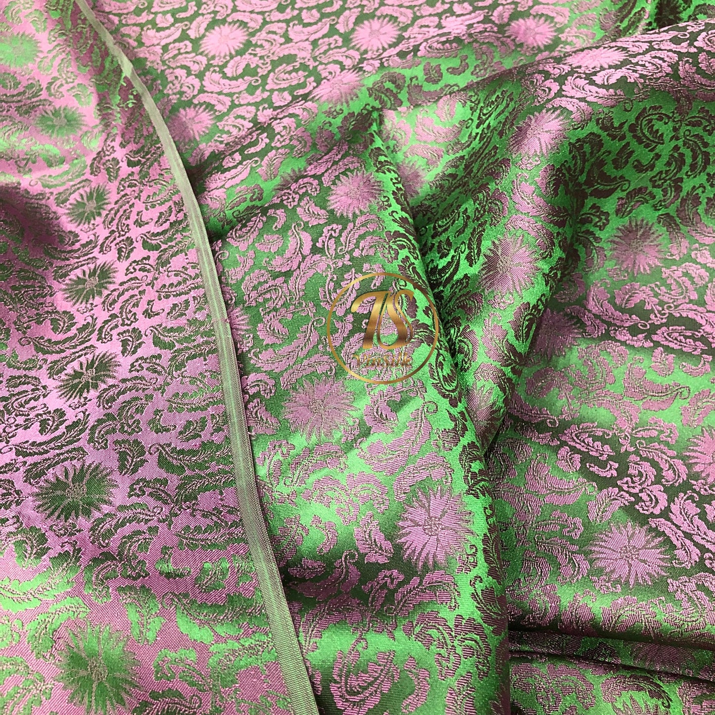 Green Pink silk fabric with mulberry chrysanthemum pattern, Pure mulberry silk, Handmade fabric, Organic fiber, Vintage textile