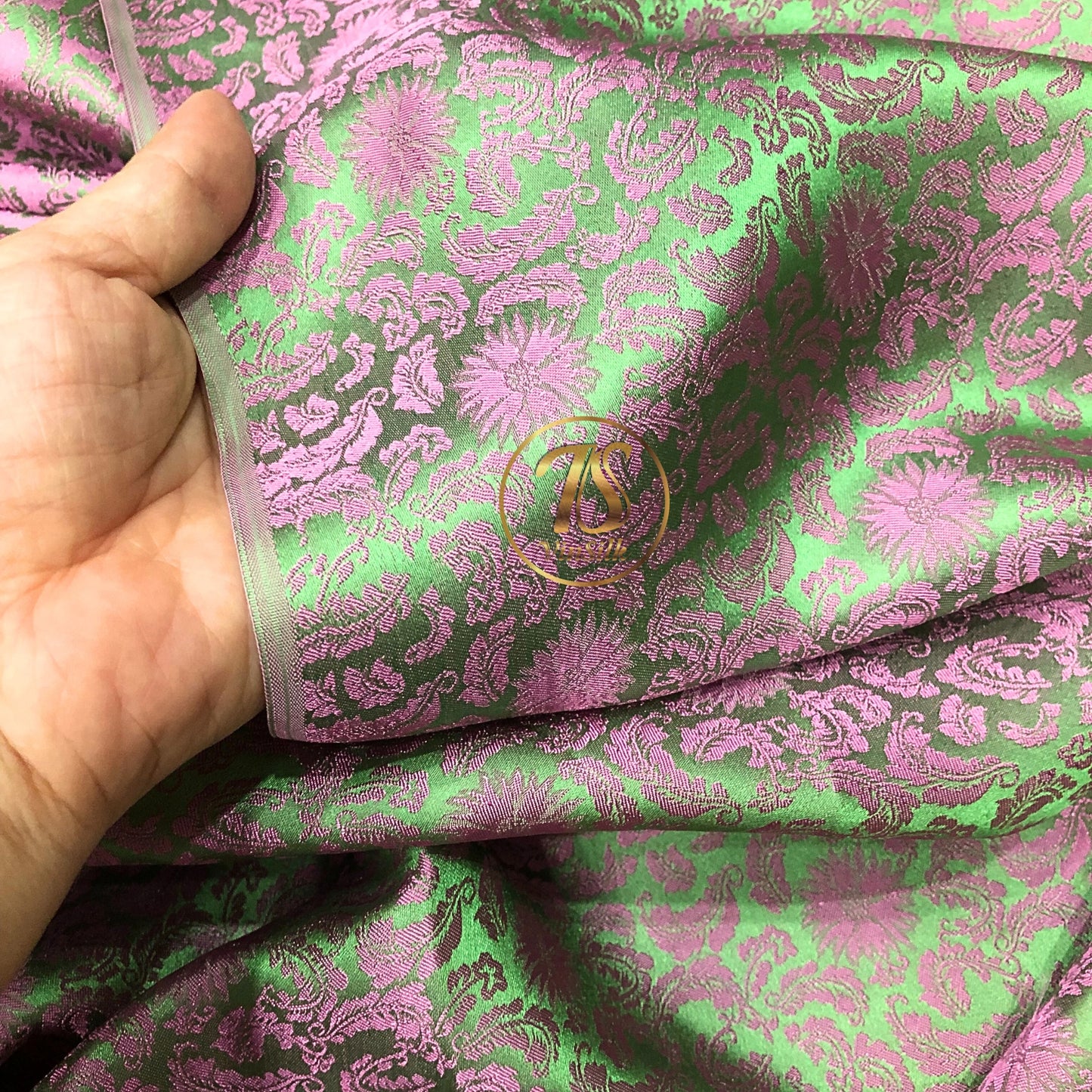 Green Pink silk fabric with mulberry chrysanthemum pattern, Pure mulberry silk, Handmade fabric, Organic fiber, Vintage textile