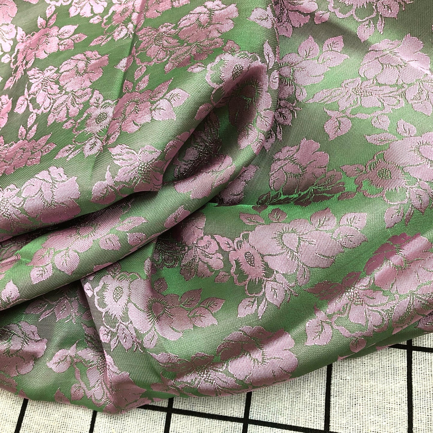 Green pink silk with flower pattern, Pure mulberry silk, Handmade fabric, Organic fiber, Vintage textile, Dress making, Gift for women